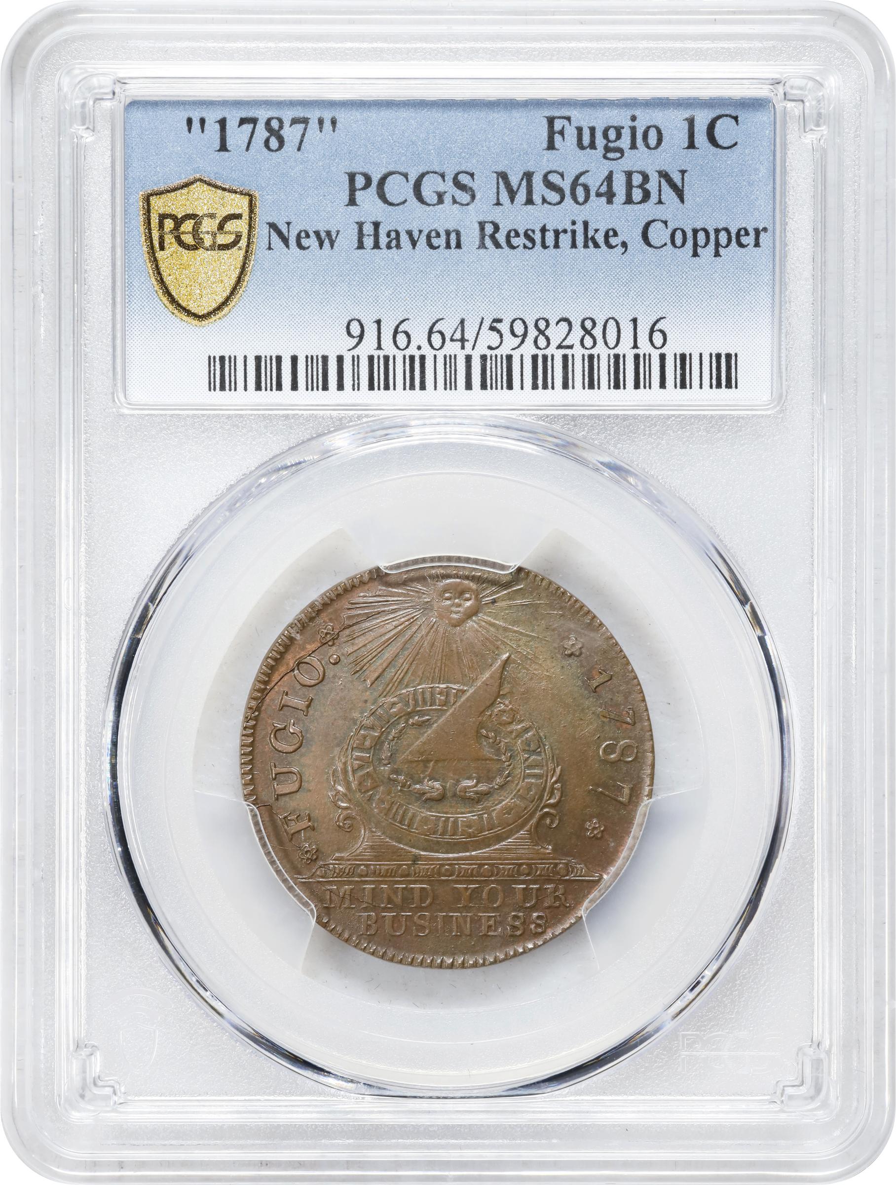 image for: "1787" (ca. 1882/1883) Fugio Cent. "New Haven Restrike," J. Colvin Randall Strike. Newman 104-FF, W-17560. Rarity-3. Copper. MS-64 BN (PCGS).