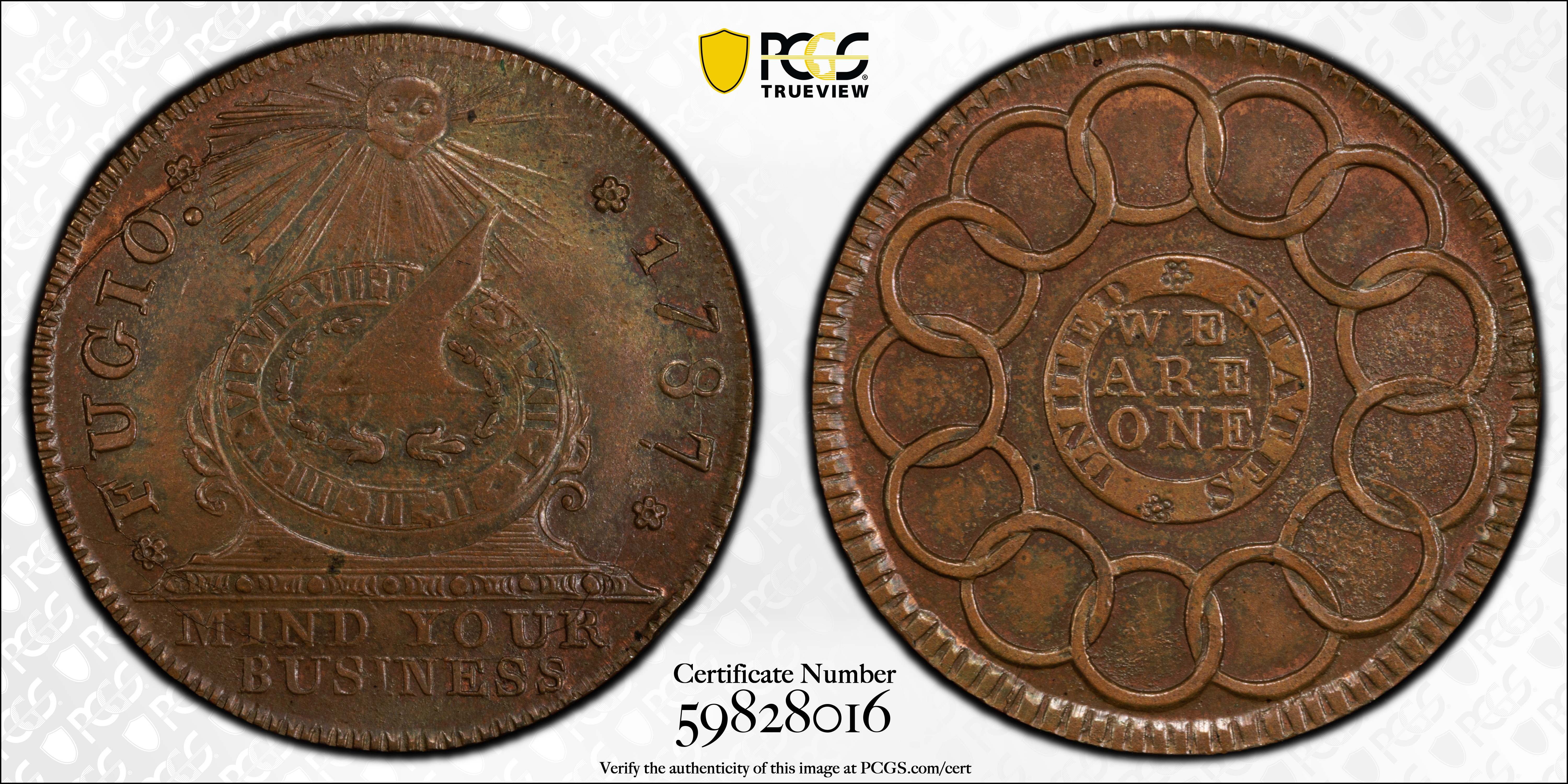 image for: "1787" (ca. 1882/1883) Fugio Cent. "New Haven Restrike," J. Colvin Randall Strike. Newman 104-FF, W-17560. Rarity-3. Copper. MS-64 BN (PCGS).