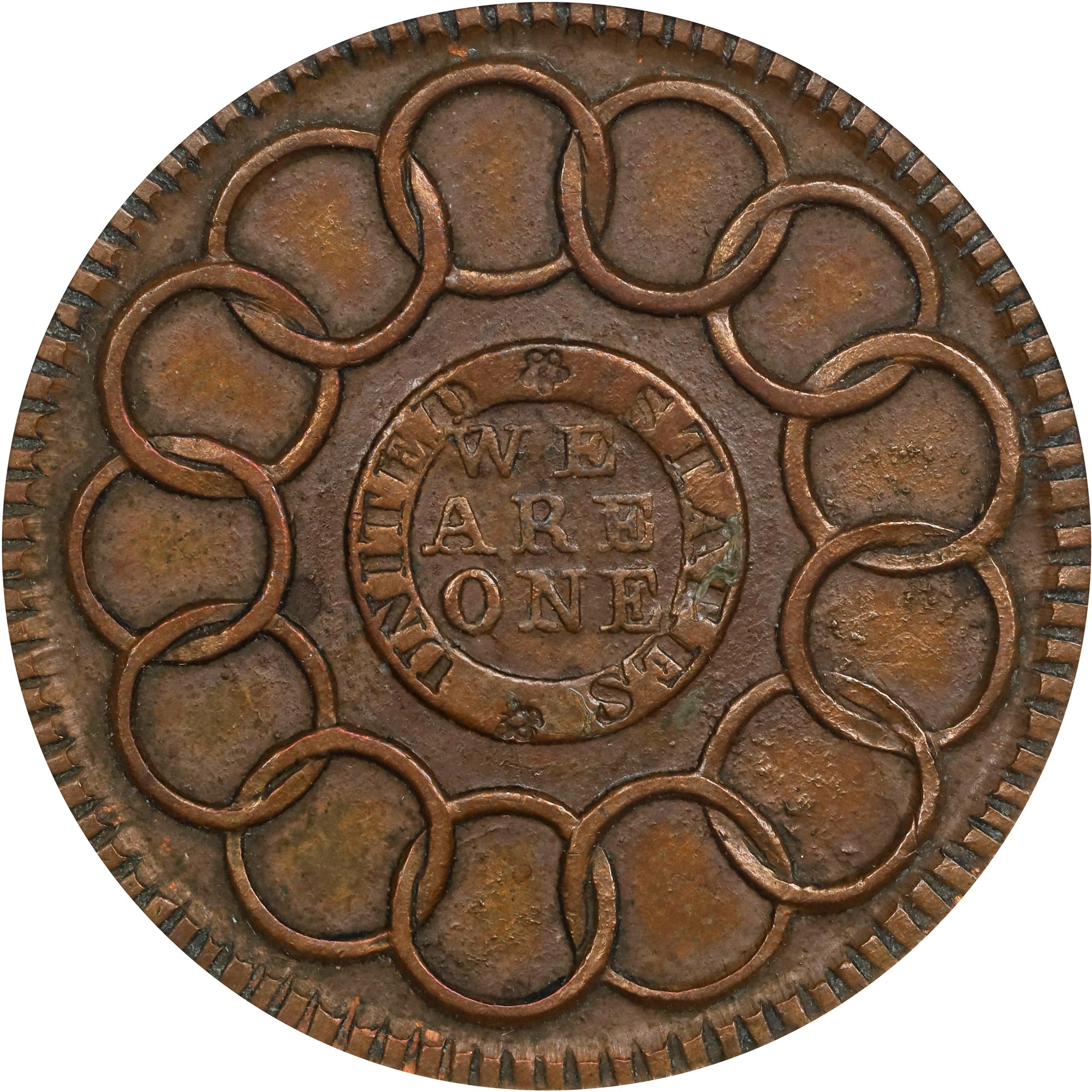 image for: "1787" (ca. 1860) Fugio Cent. "New Haven Restrike," Horatio Rust Strike. Newman 104-FF, W-17560. Rarity-3. Red Brass. MS-63 BN (PCGS). OGH.