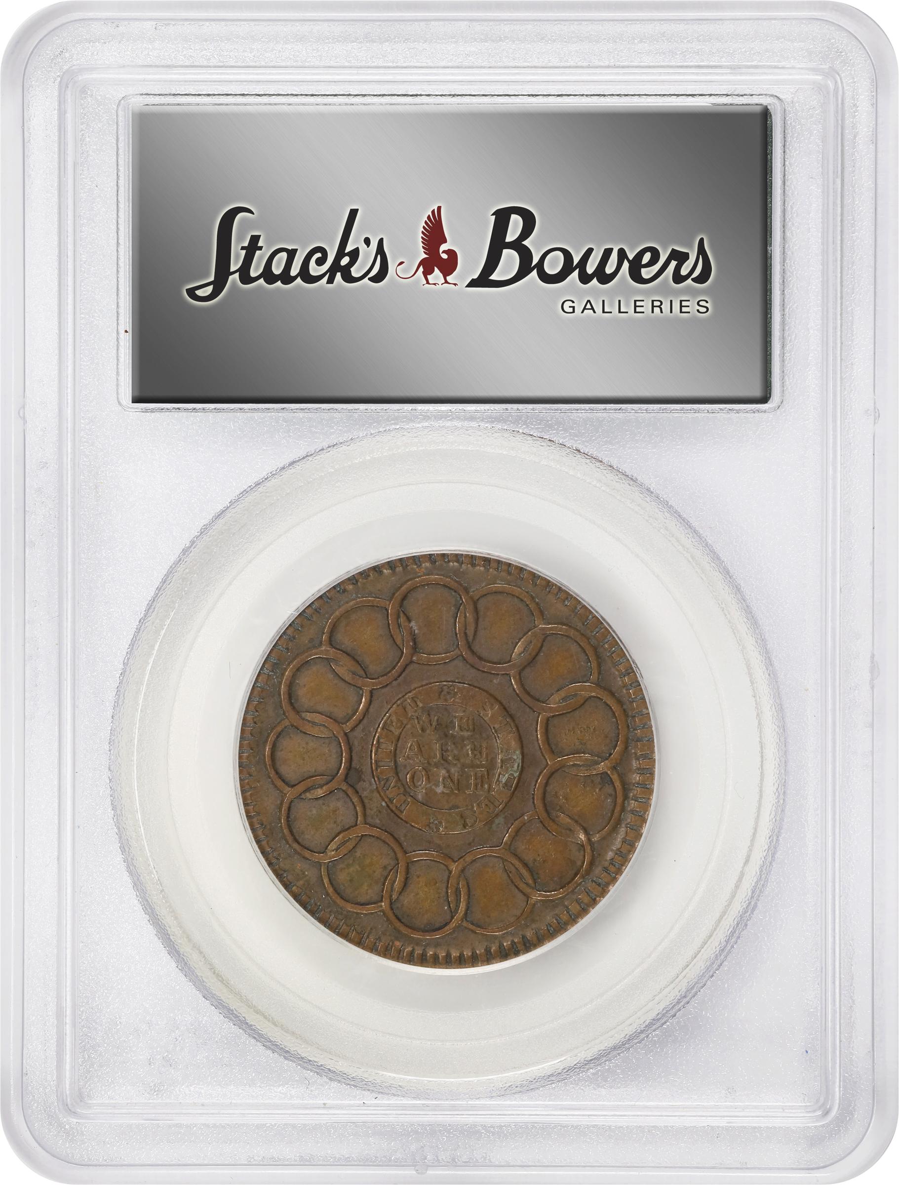 image for: "1787" (ca. 1860) Fugio Cent. "New Haven Restrike," Horatio Rust Strike. Newman 104-FF, W-17560. Rarity-3. Red Brass. MS-63 BN (PCGS). OGH.