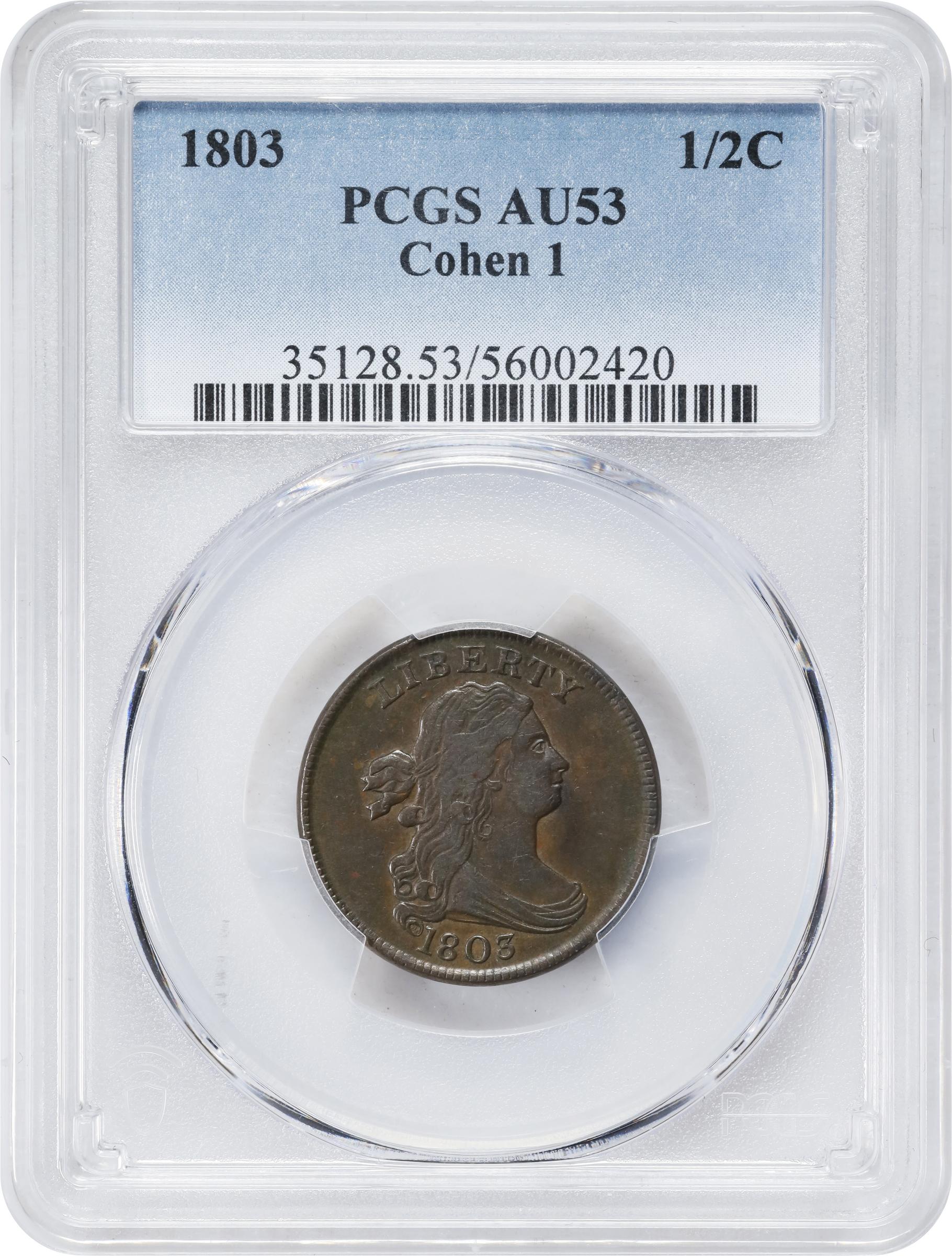 image for: 1803 Draped Bust Half Cent. C-1. Rarity-1. AU-53 (PCGS).