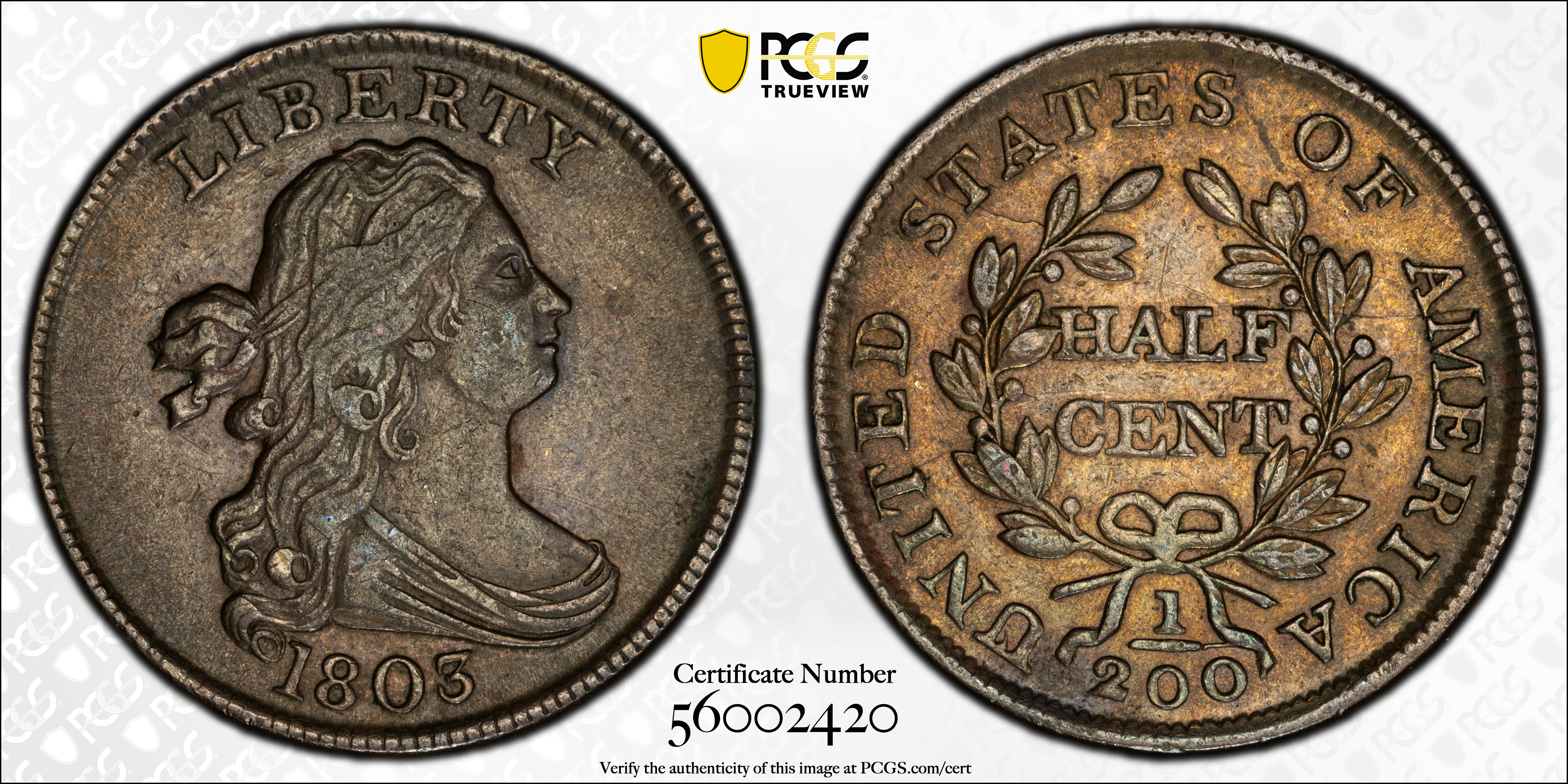 image for: 1803 Draped Bust Half Cent. C-1. Rarity-1. AU-53 (PCGS).