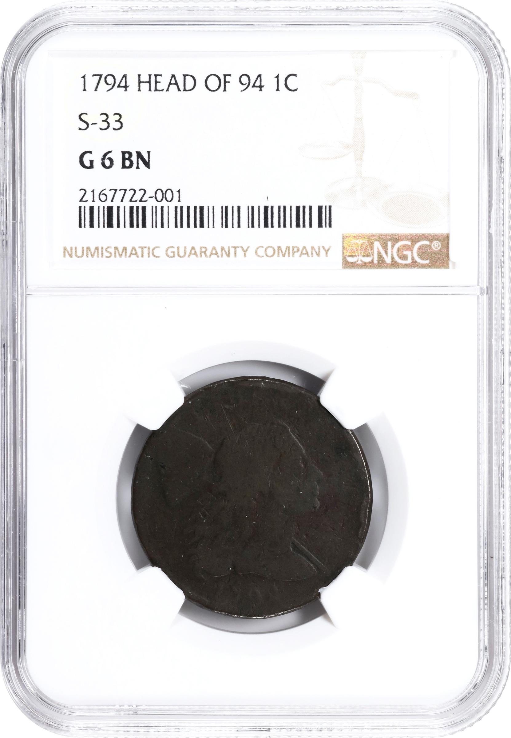 image for: 1794 Liberty Cap Cent. S-33, B-19. Rarity-5+. Head of 1794, Wheel Spoke. Good-6 BN (NGC).