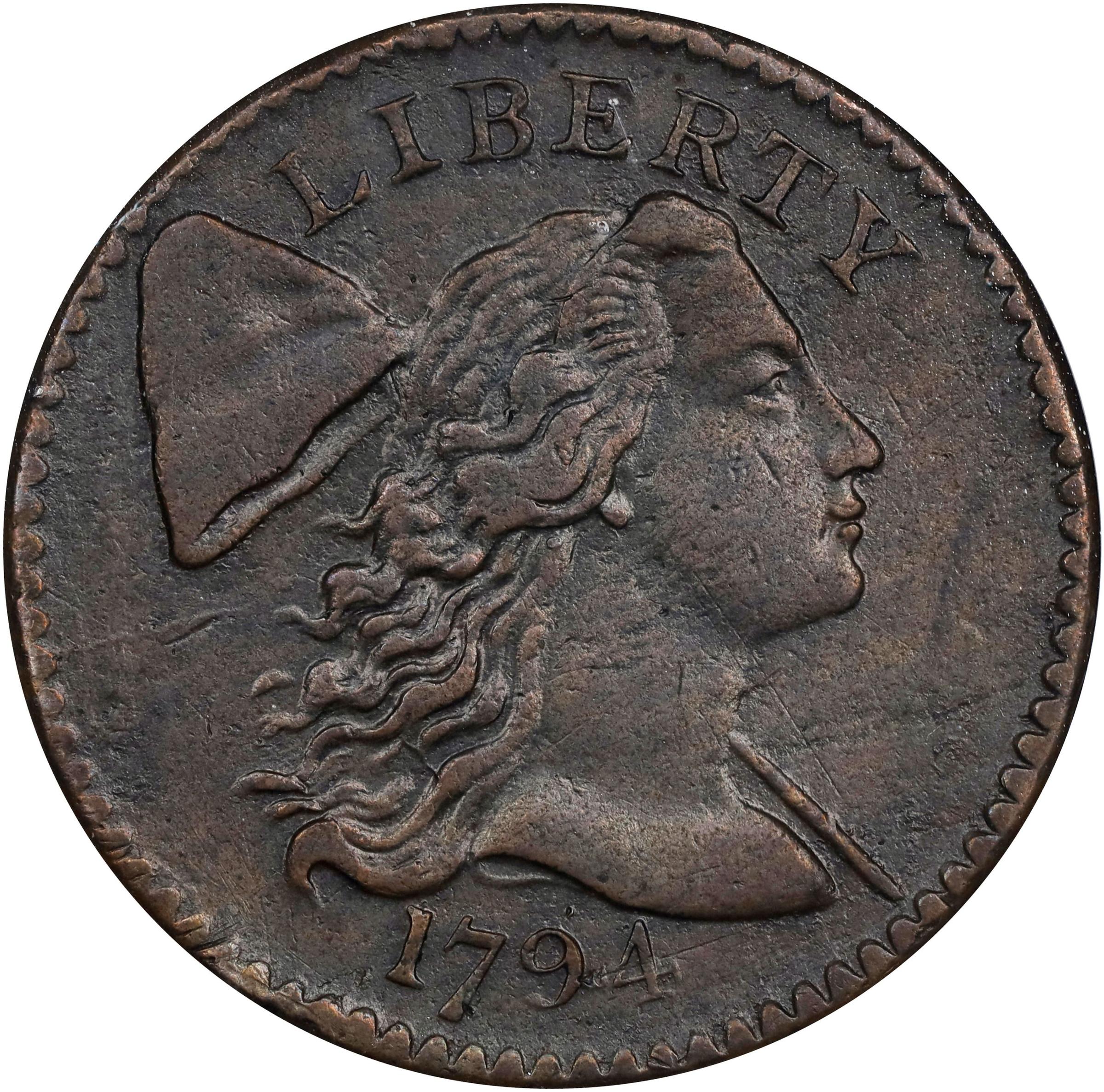 image for: 1794 Liberty Cap Cent. S-55, B-47. Rarity-2. Head of 1794, Slanting 7, Large Berries. AU-50 BN (NGC).