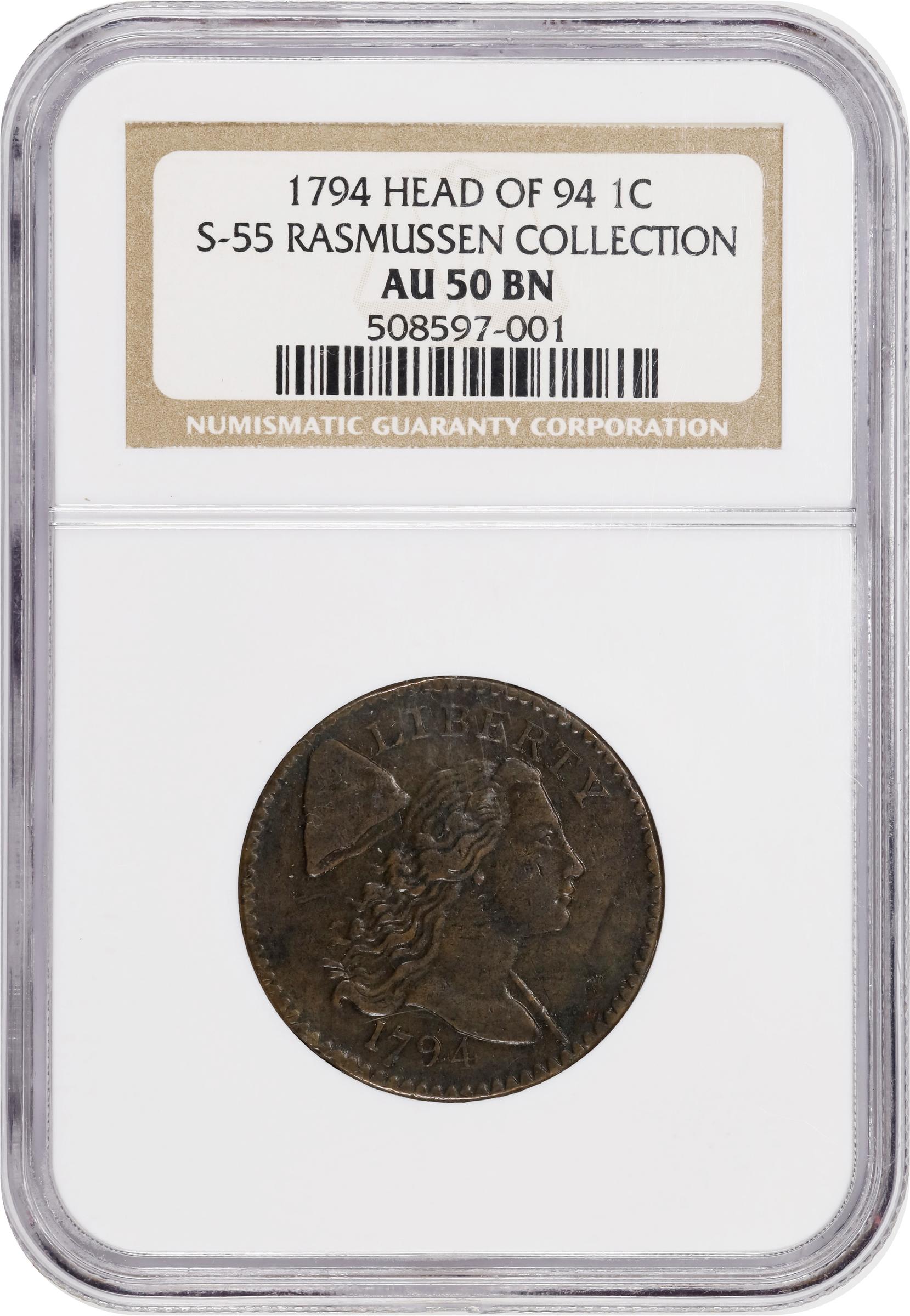 image for: 1794 Liberty Cap Cent. S-55, B-47. Rarity-2. Head of 1794, Slanting 7, Large Berries. AU-50 BN (NGC).