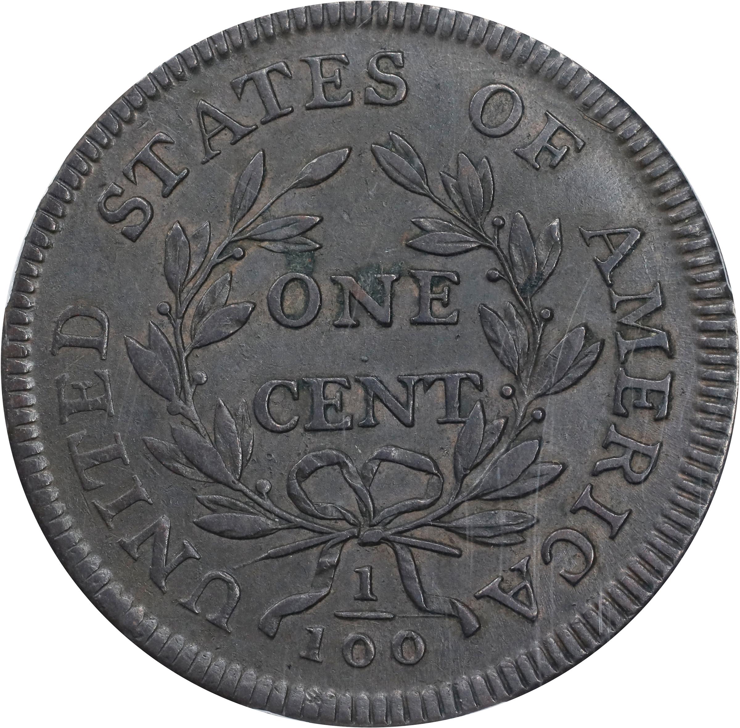 image for: 1797 Draped Bust Cent. S-140, B-22. Rarity-1. Reverse of 1797, Stems to Wreath. AU-55 (PCGS).