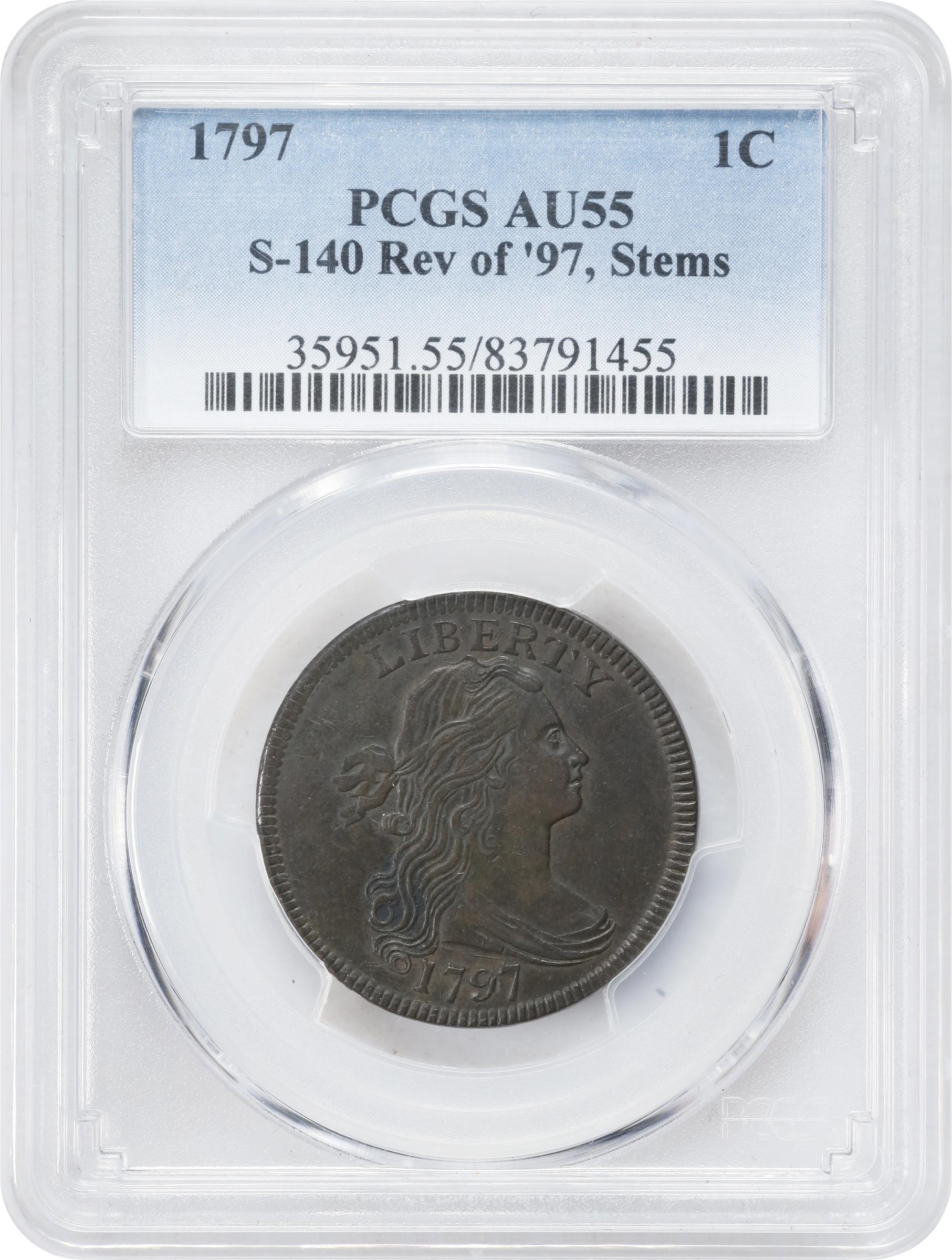image for: 1797 Draped Bust Cent. S-140, B-22. Rarity-1. Reverse of 1797, Stems to Wreath. AU-55 (PCGS).