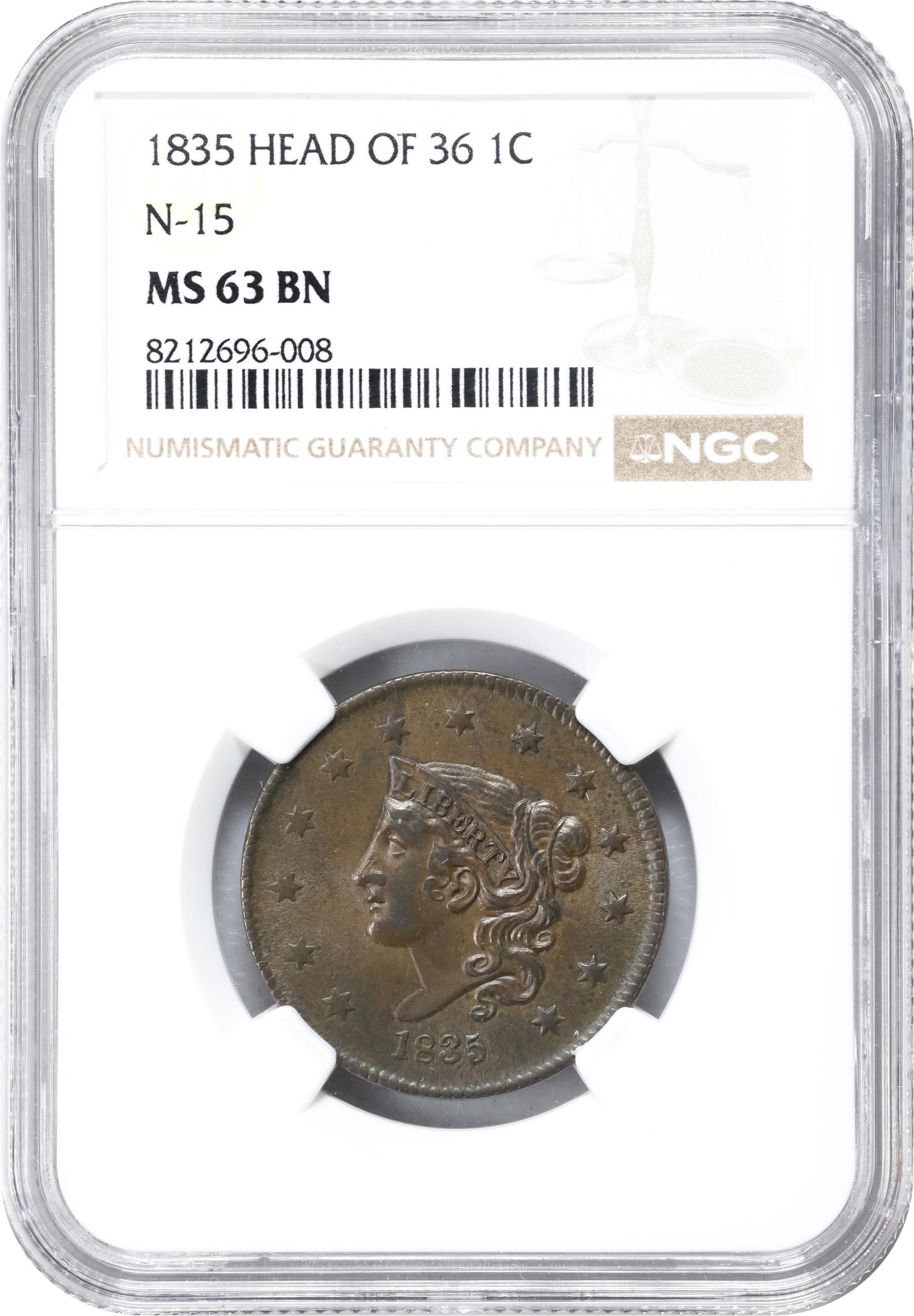 image for: 1835 Matron Head Cent. N-15. Rarity-2. Head of 1836. MS-63 BN (NGC).
