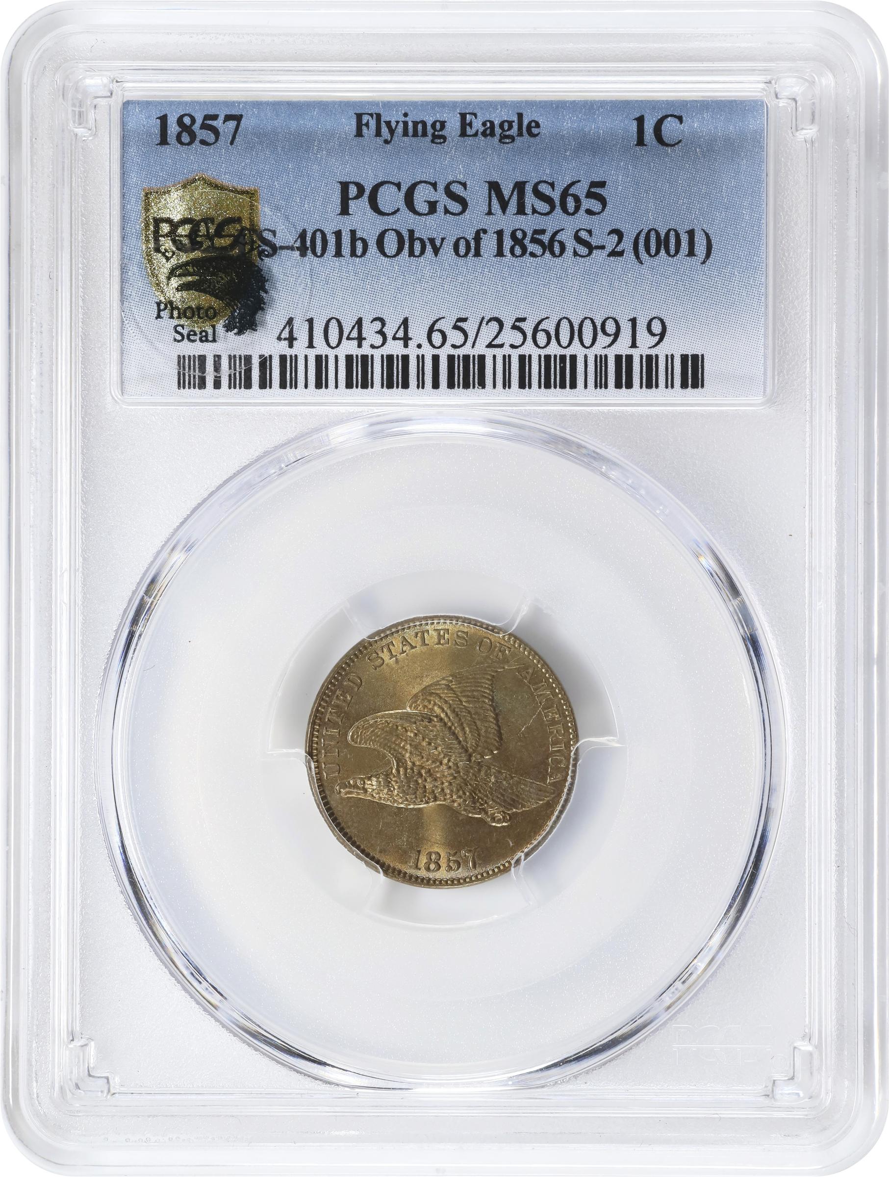 image for: 1857 Flying Eagle Cent. Snow-2, FS-401b. Type of 1856. MS-65 (PCGS). Eagle Eye Photo Seal.