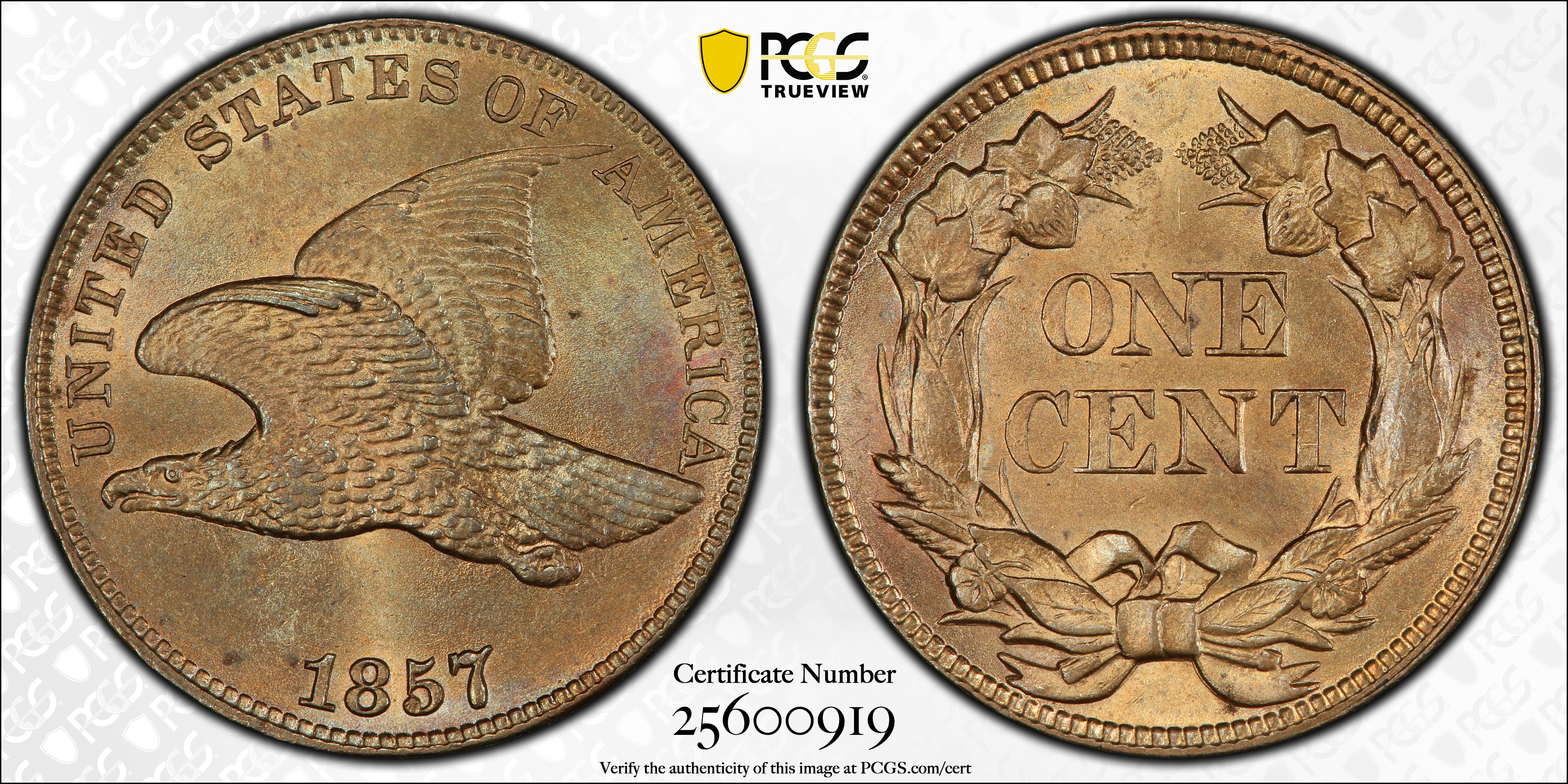 image for: 1857 Flying Eagle Cent. Snow-2, FS-401b. Type of 1856. MS-65 (PCGS). Eagle Eye Photo Seal.