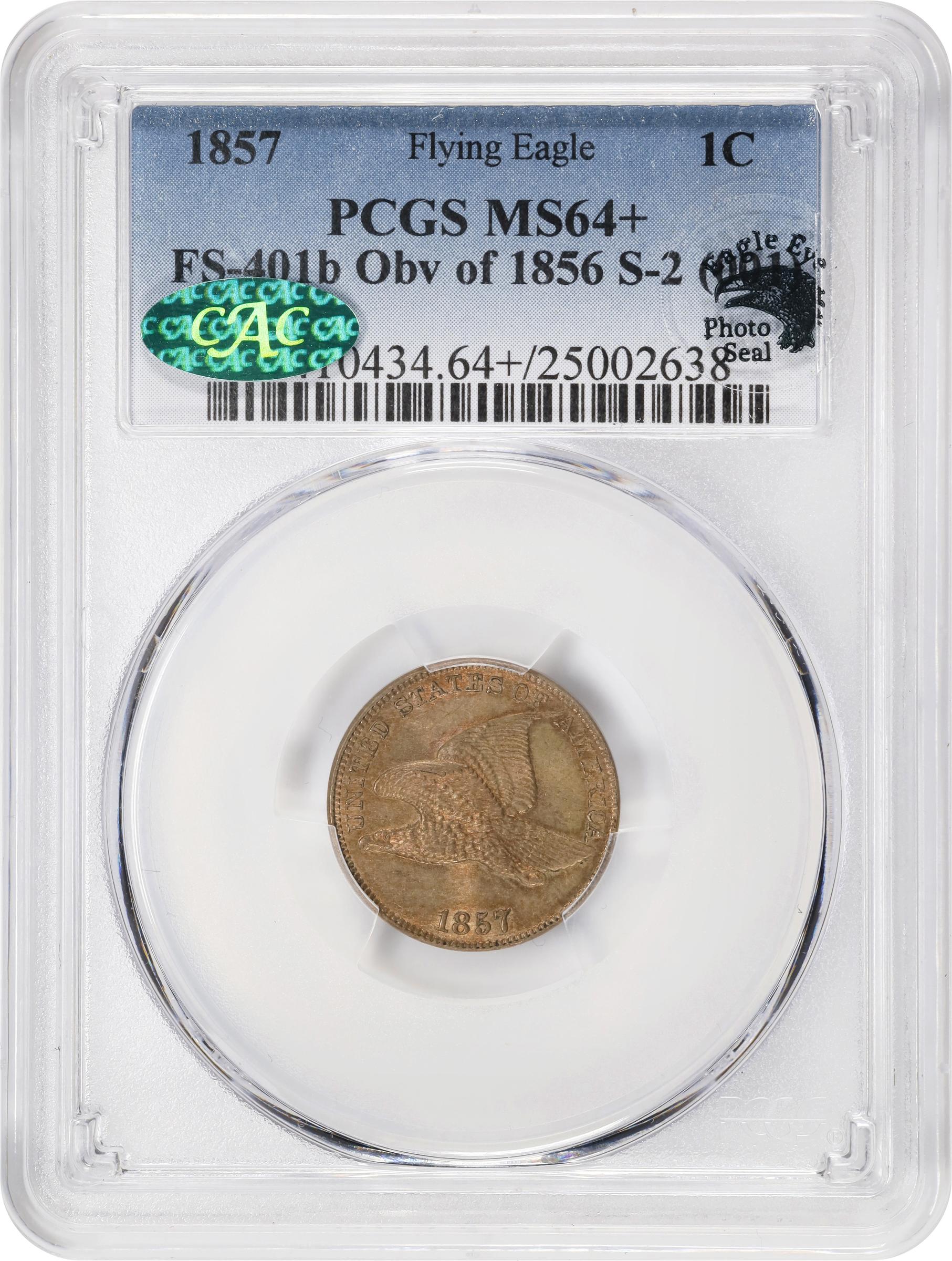 image for: 1857 Flying Eagle Cent. Snow-2, FS-401b. Type of 1856. MS-64+ (PCGS). CAC. Eagle Eye Photo Seal.