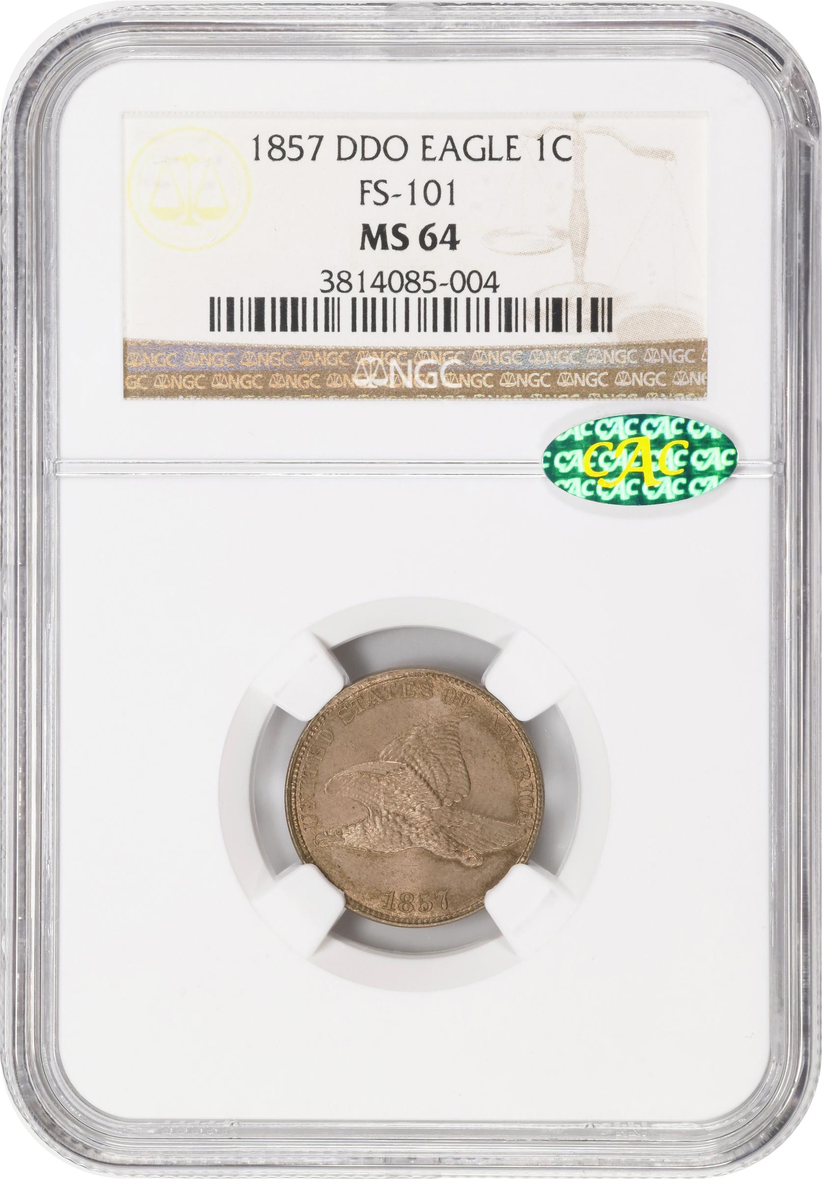 image for: 1857 Flying Eagle Cent. Type of 1857. Snow-4, FS-101. Doubled Die Obverse. MS-64 (NGC). CAC.