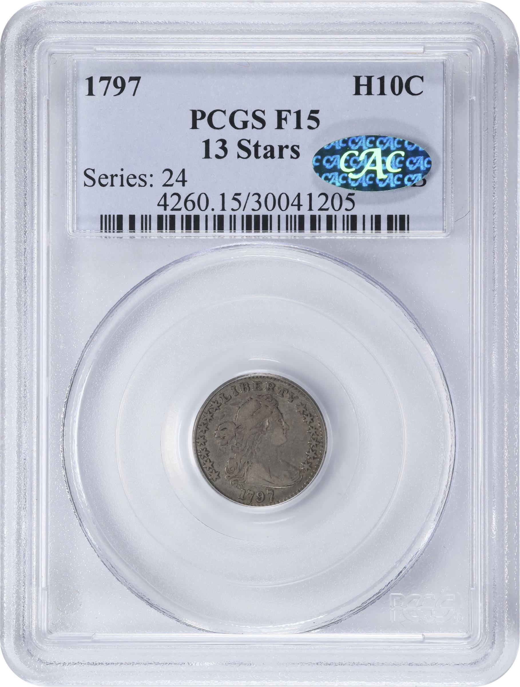 image for: 1797 Draped Bust Half Dime. LM-4, V-1. Rarity-6. 13 Stars. Fine-15 (PCGS). CAC.