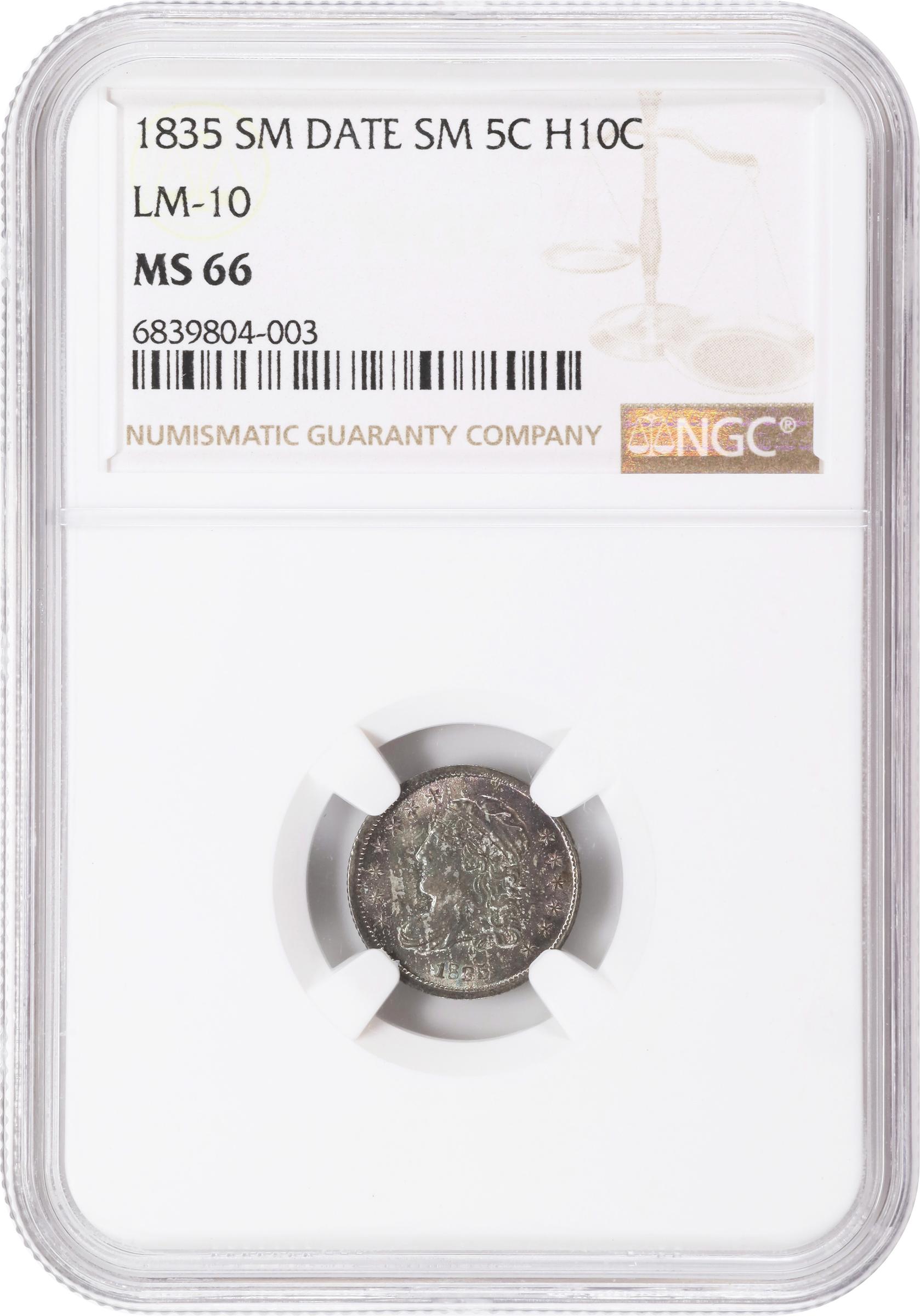 image for: 1835 Capped Bust Half Dime. LM-10, V-7. Rarity-1. Small Date, Small 5 C. MS-66 (NGC).