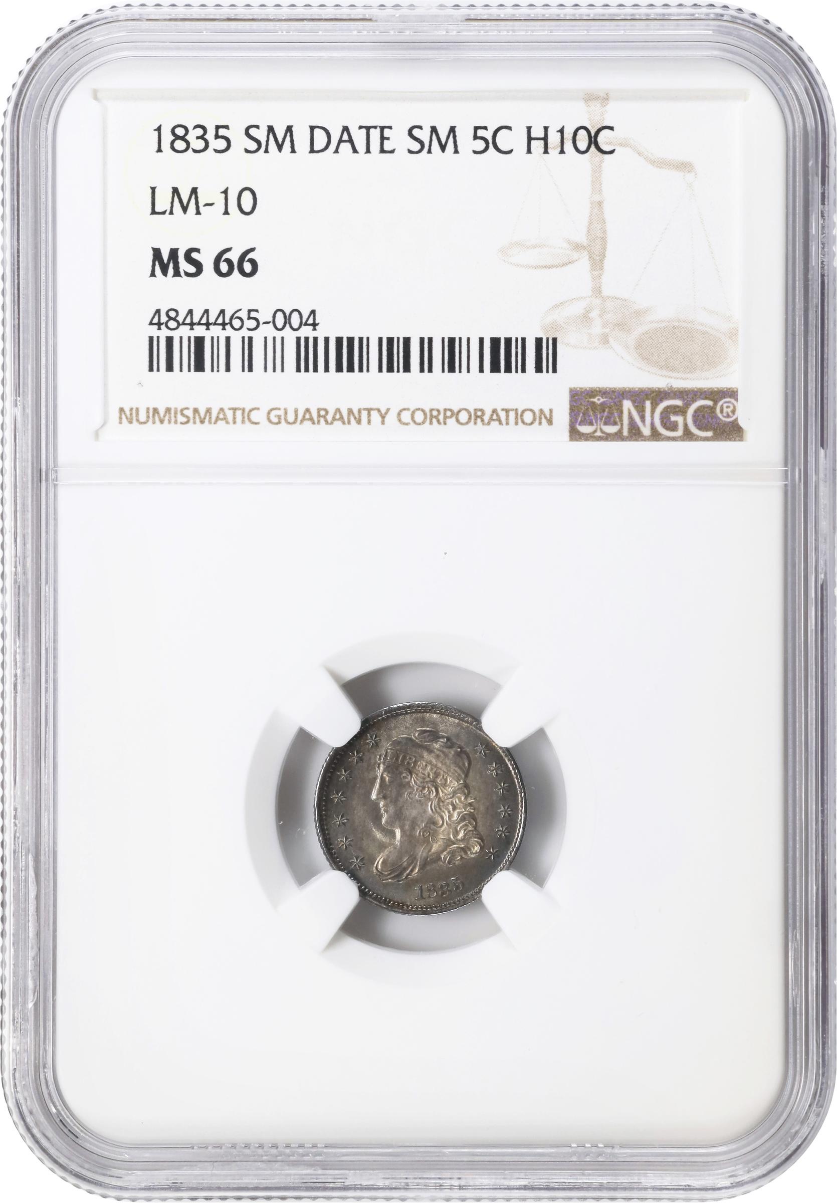 image for: 1835 Capped Bust Half Dime. LM-10, V-7. Rarity-1. Small Date, Small 5 C. MS-66 (NGC).