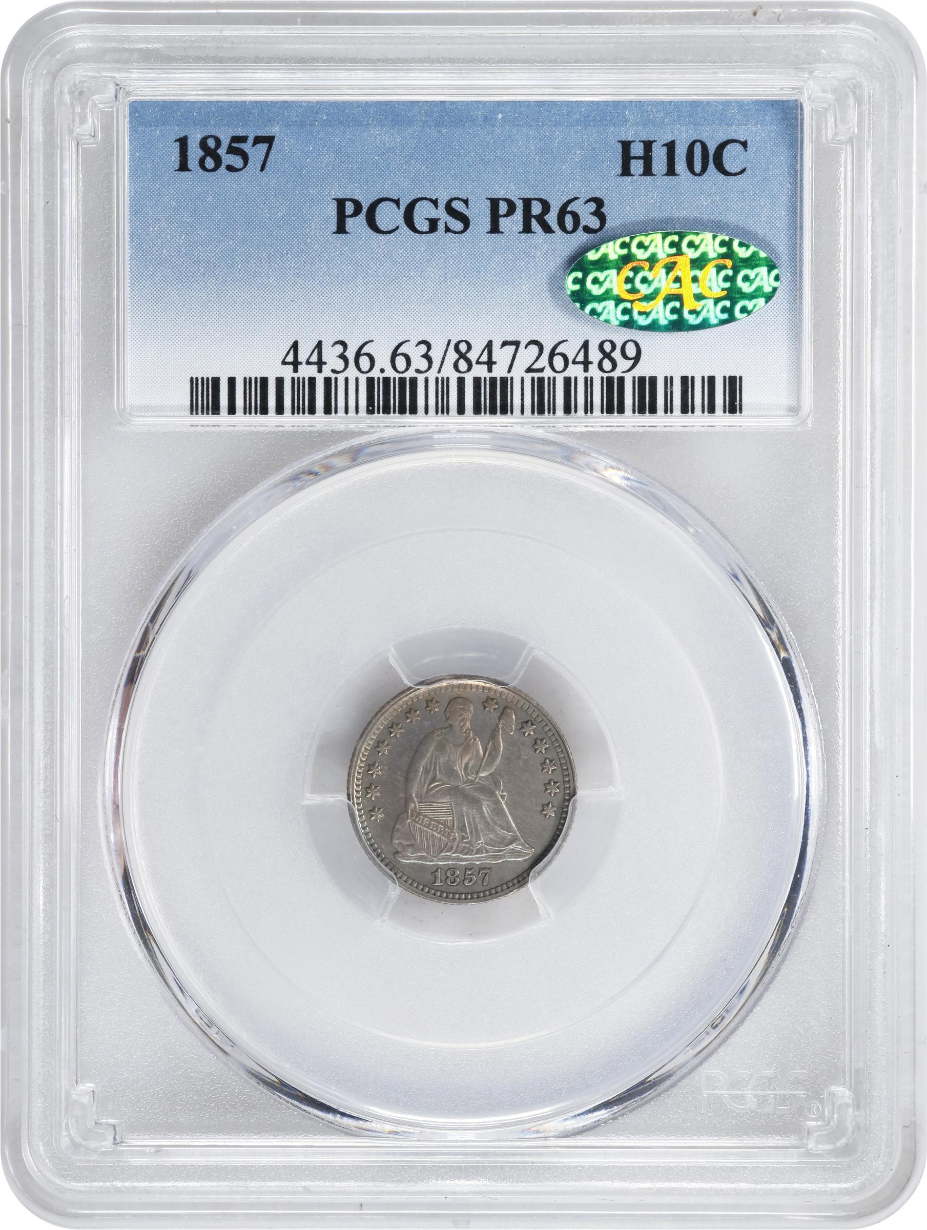 image for: 1857 Liberty Seated Half Dime. Proof-63 (PCGS). CAC.