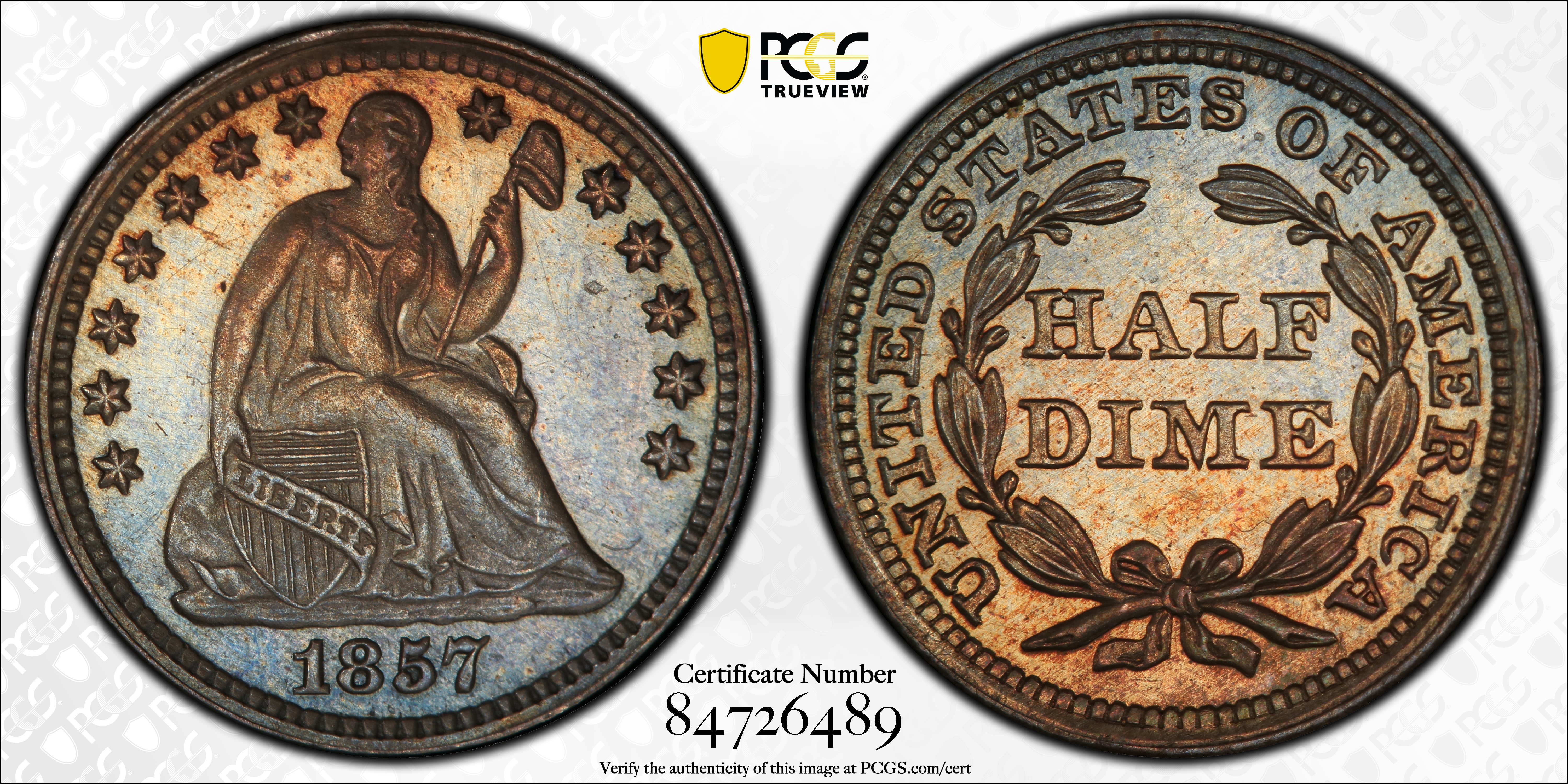 image for: 1857 Liberty Seated Half Dime. Proof-63 (PCGS). CAC.