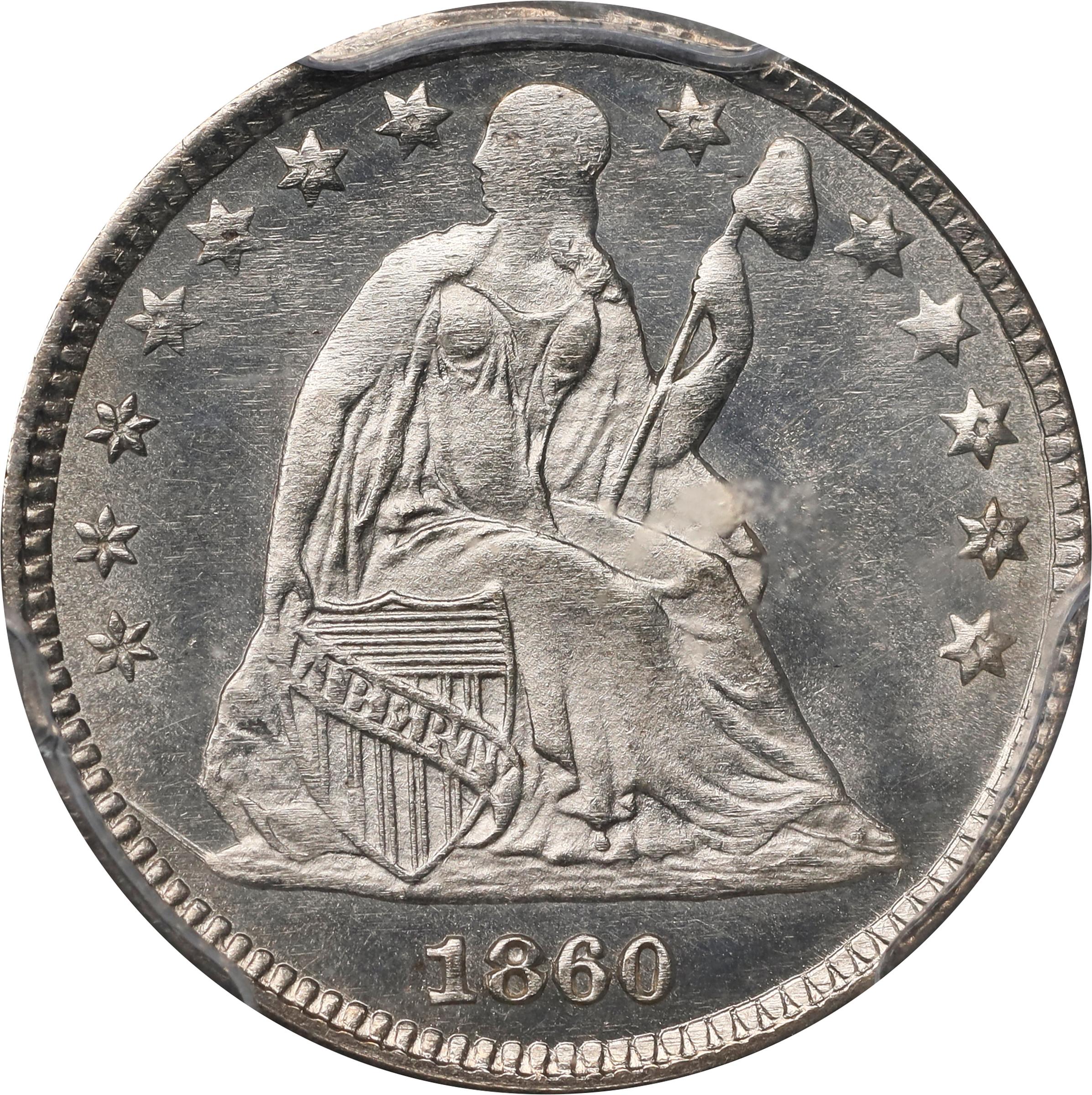 image for: 1860 Liberty Seated Half Dime. Transitional. V-1, Judd-267, Pollock-315. Rarity-4. Silver. Reeded Edge. MS-65 (PCGS).