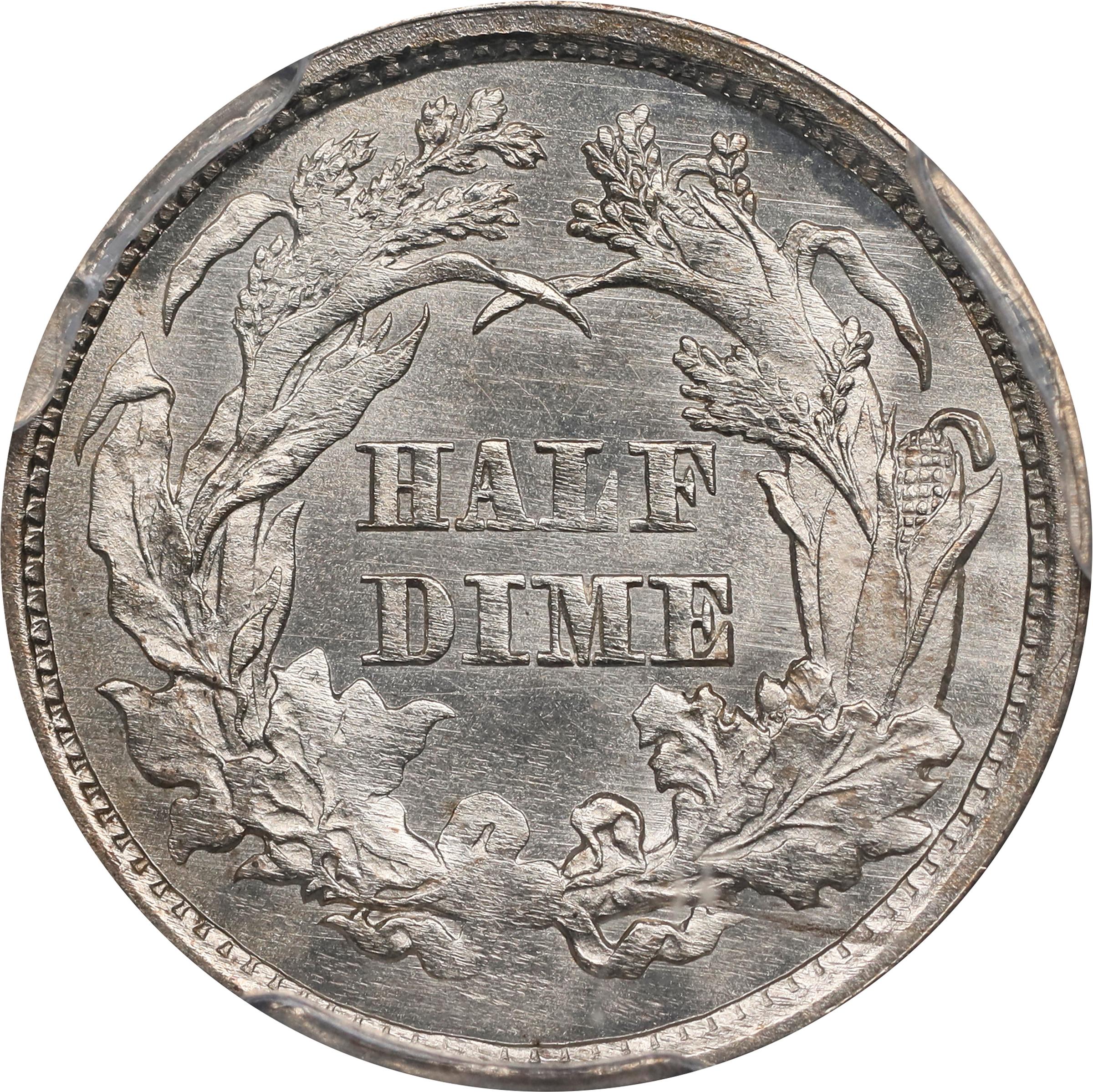 image for: 1860 Liberty Seated Half Dime. Transitional. V-1, Judd-267, Pollock-315. Rarity-4. Silver. Reeded Edge. MS-65 (PCGS).