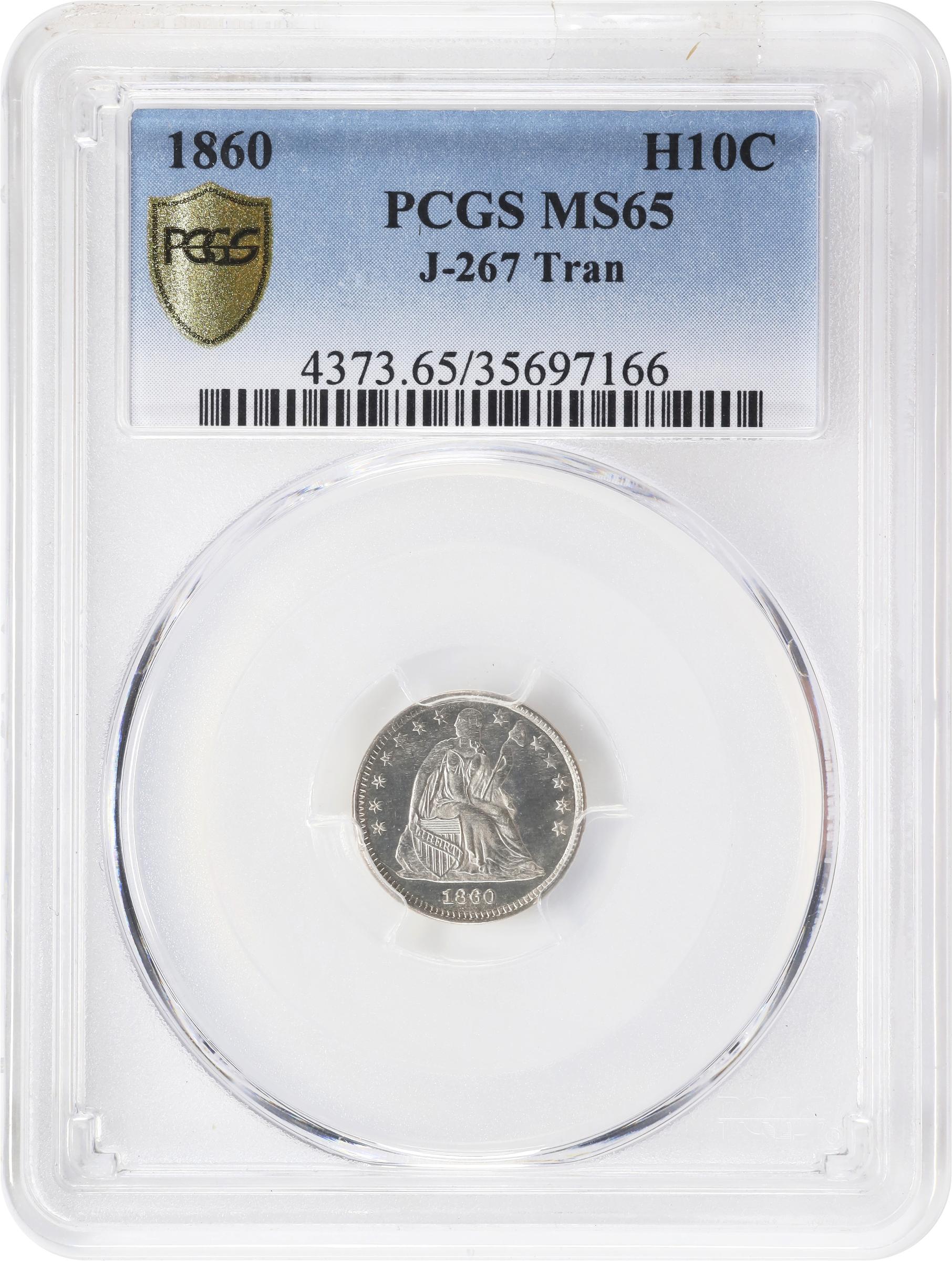 image for: 1860 Liberty Seated Half Dime. Transitional. V-1, Judd-267, Pollock-315. Rarity-4. Silver. Reeded Edge. MS-65 (PCGS).
