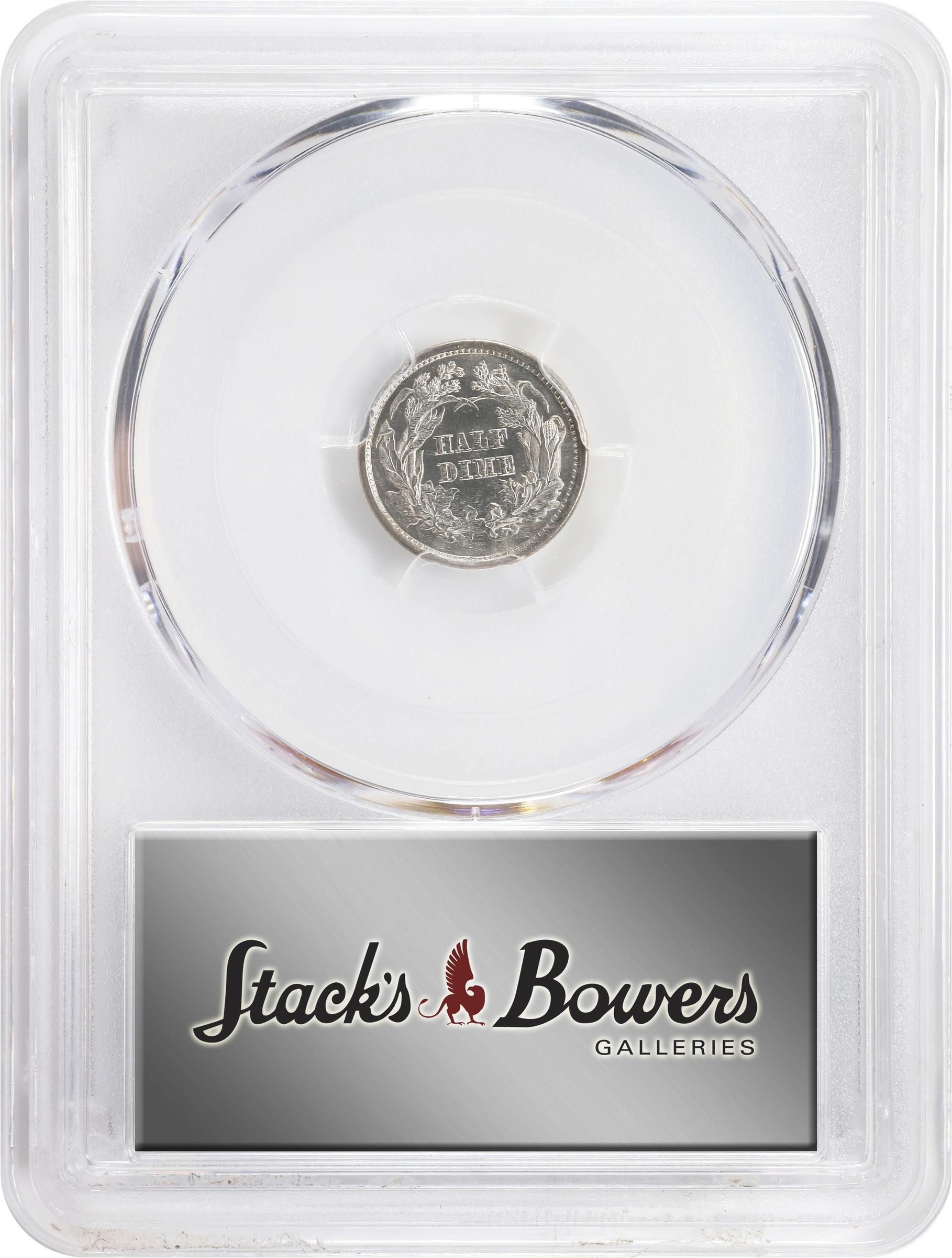 image for: 1860 Liberty Seated Half Dime. Transitional. V-1, Judd-267, Pollock-315. Rarity-4. Silver. Reeded Edge. MS-65 (PCGS).