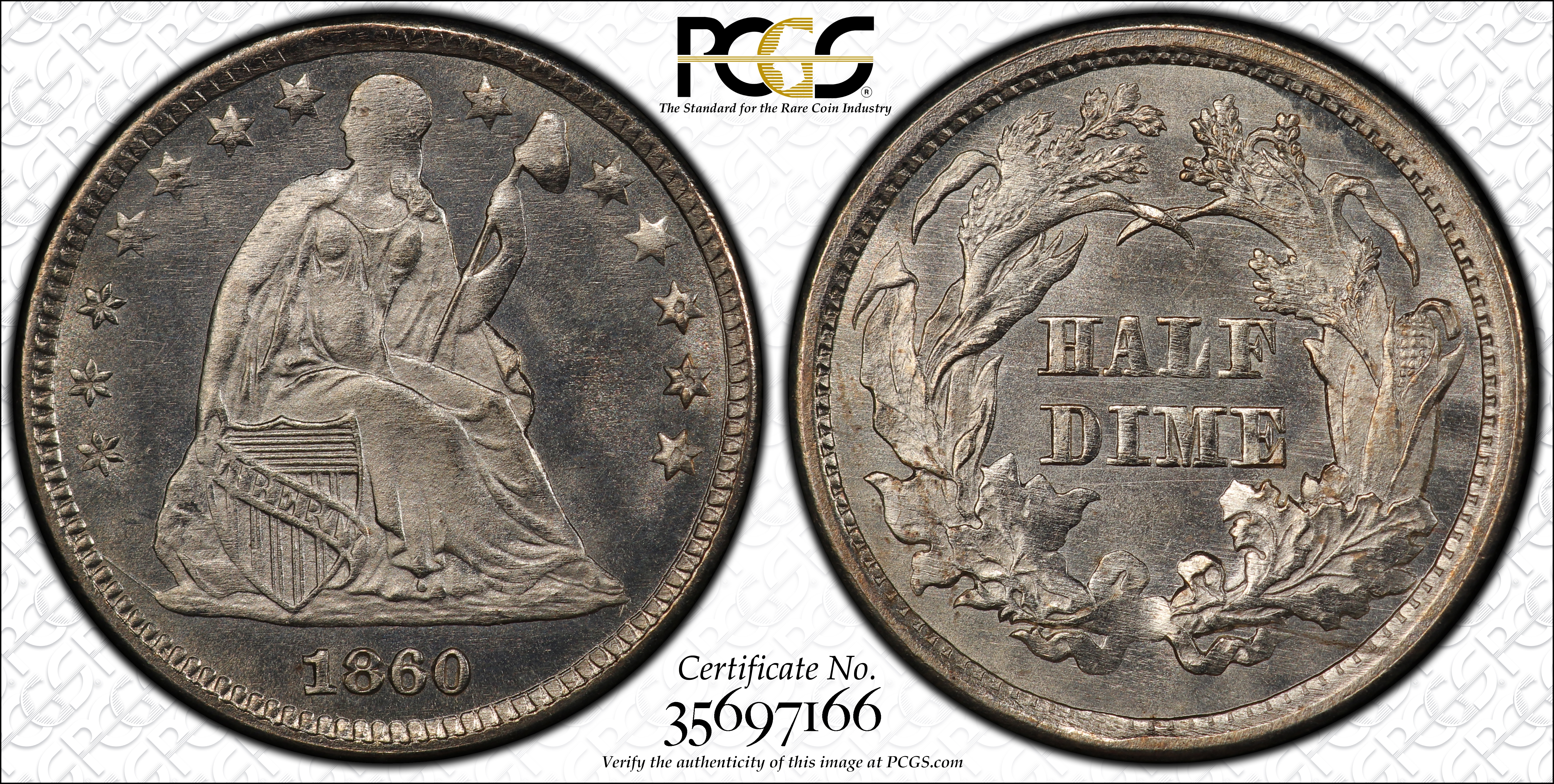 image for: 1860 Liberty Seated Half Dime. Transitional. V-1, Judd-267, Pollock-315. Rarity-4. Silver. Reeded Edge. MS-65 (PCGS).