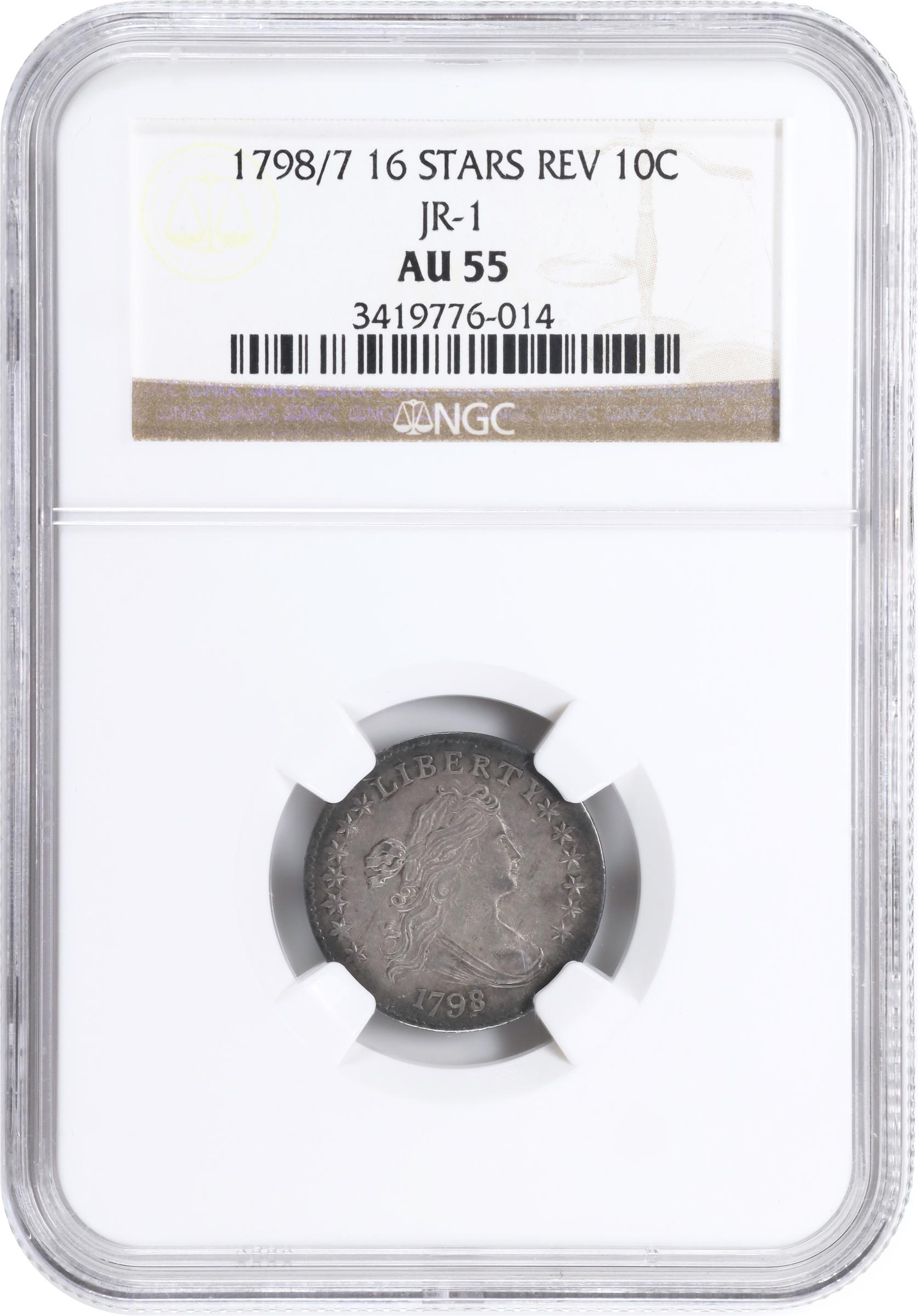 image for: 1798/7 Draped Bust Dime. JR-1. Rarity-3. 16 Stars on Reverse. AU-55 (NGC).