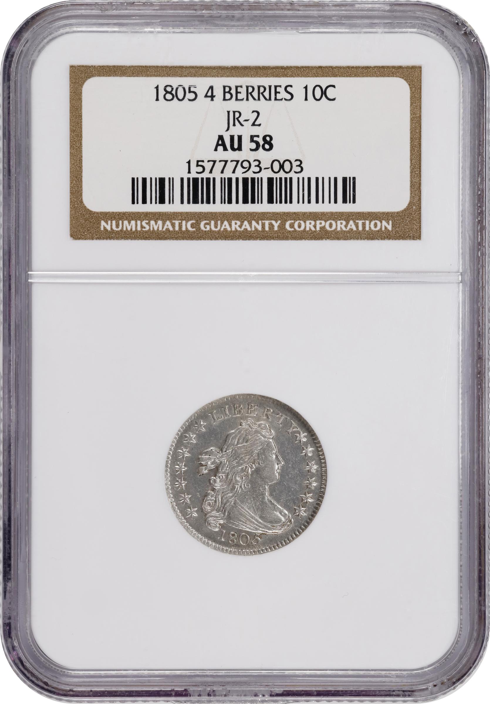image for: 1805 Draped Bust Dime. JR-2. Rarity-1. 4 Berries. AU-58 (NGC).