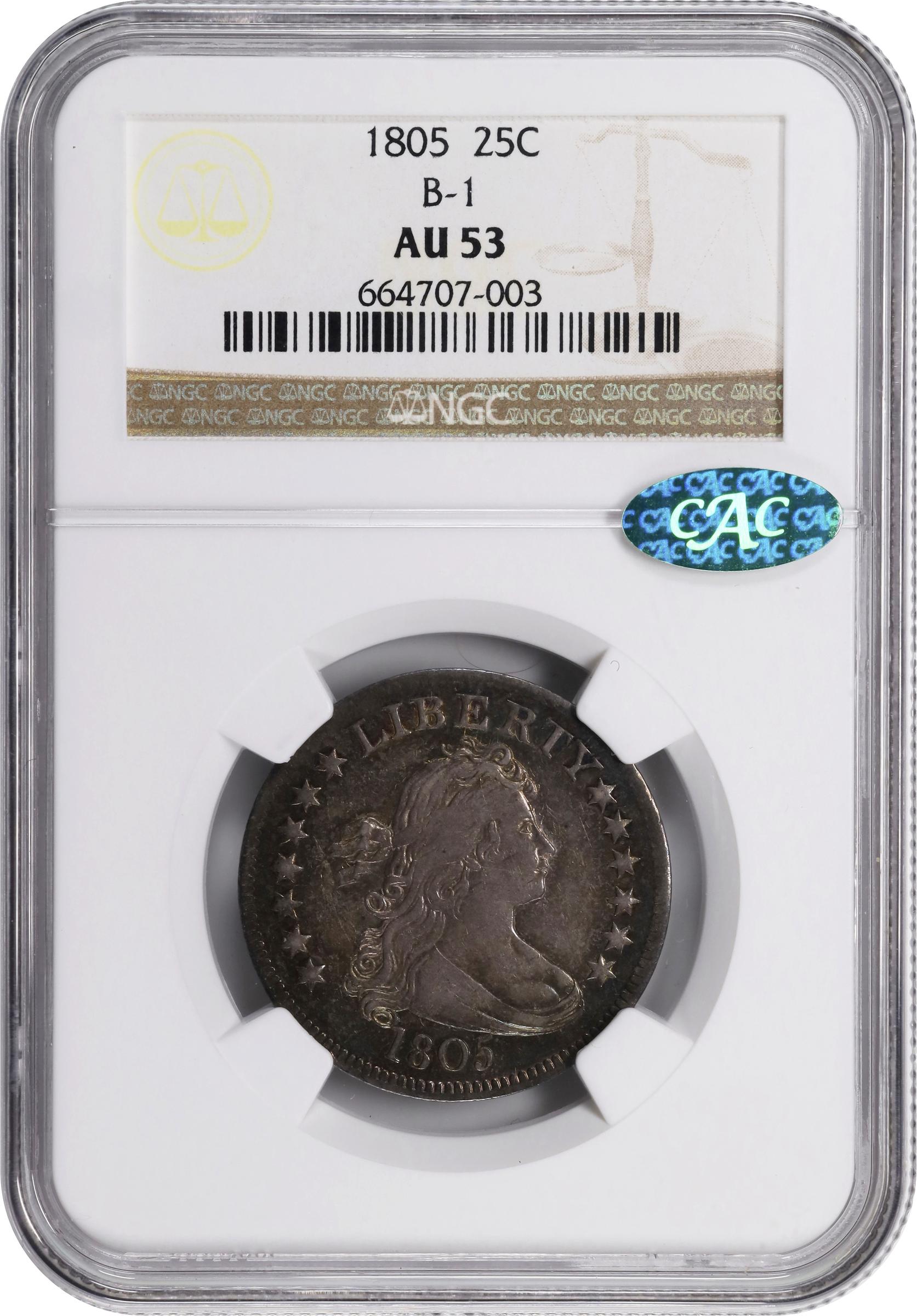 image for: 1805 Draped Bust Quarter. B-1. Rarity-4. AU-53 (NGC). CAC.
