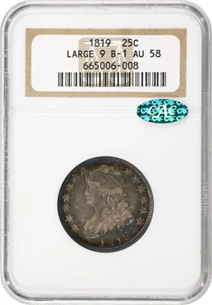 image for: 1819 Capped Bust Quarter. B-1. Rarity-5-. Large 9. AU-58 (NGC). CAC.