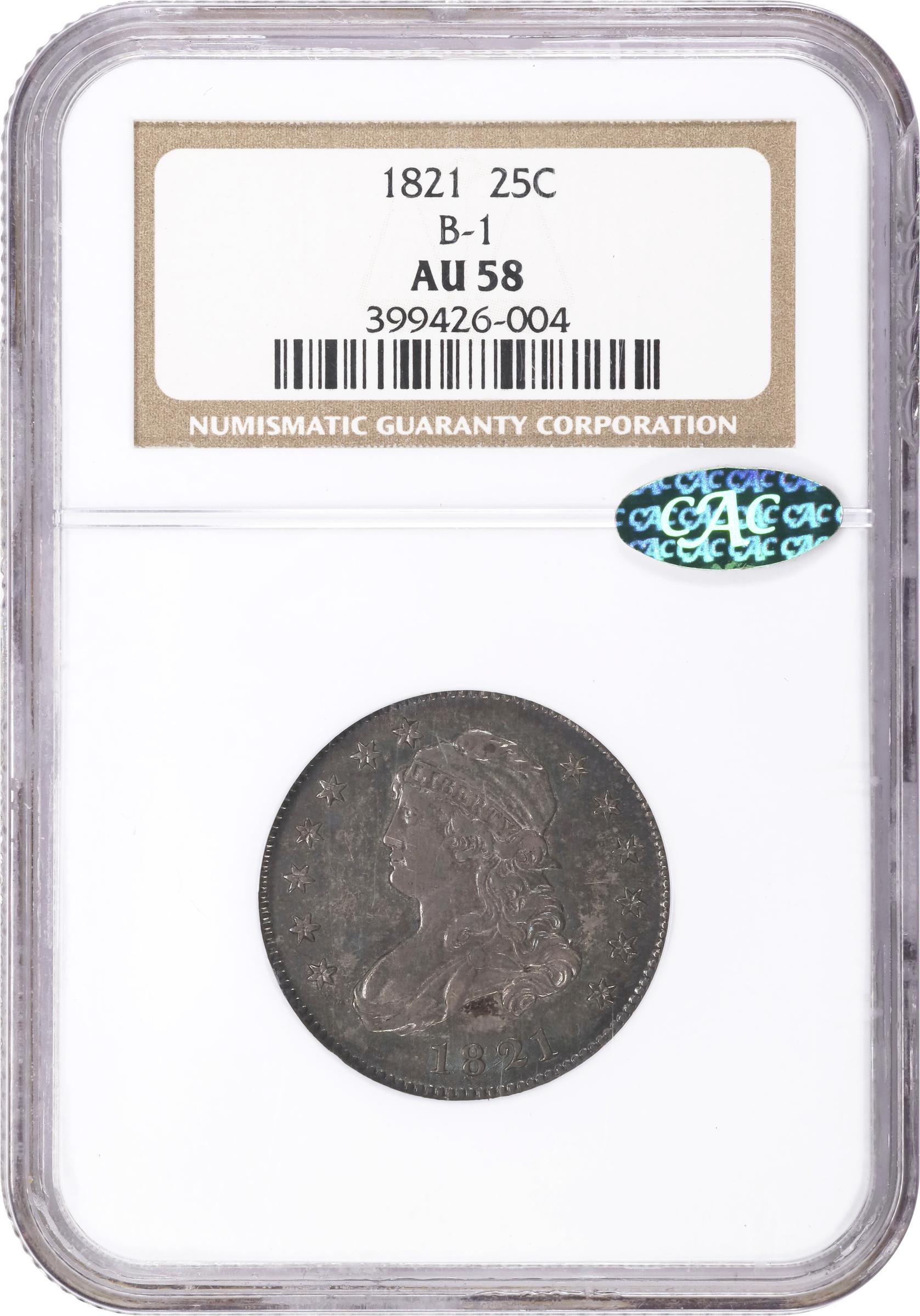 image for: 1821 Capped Bust Quarter. B-1. Rarity-3. AU-58 (NGC). CAC.