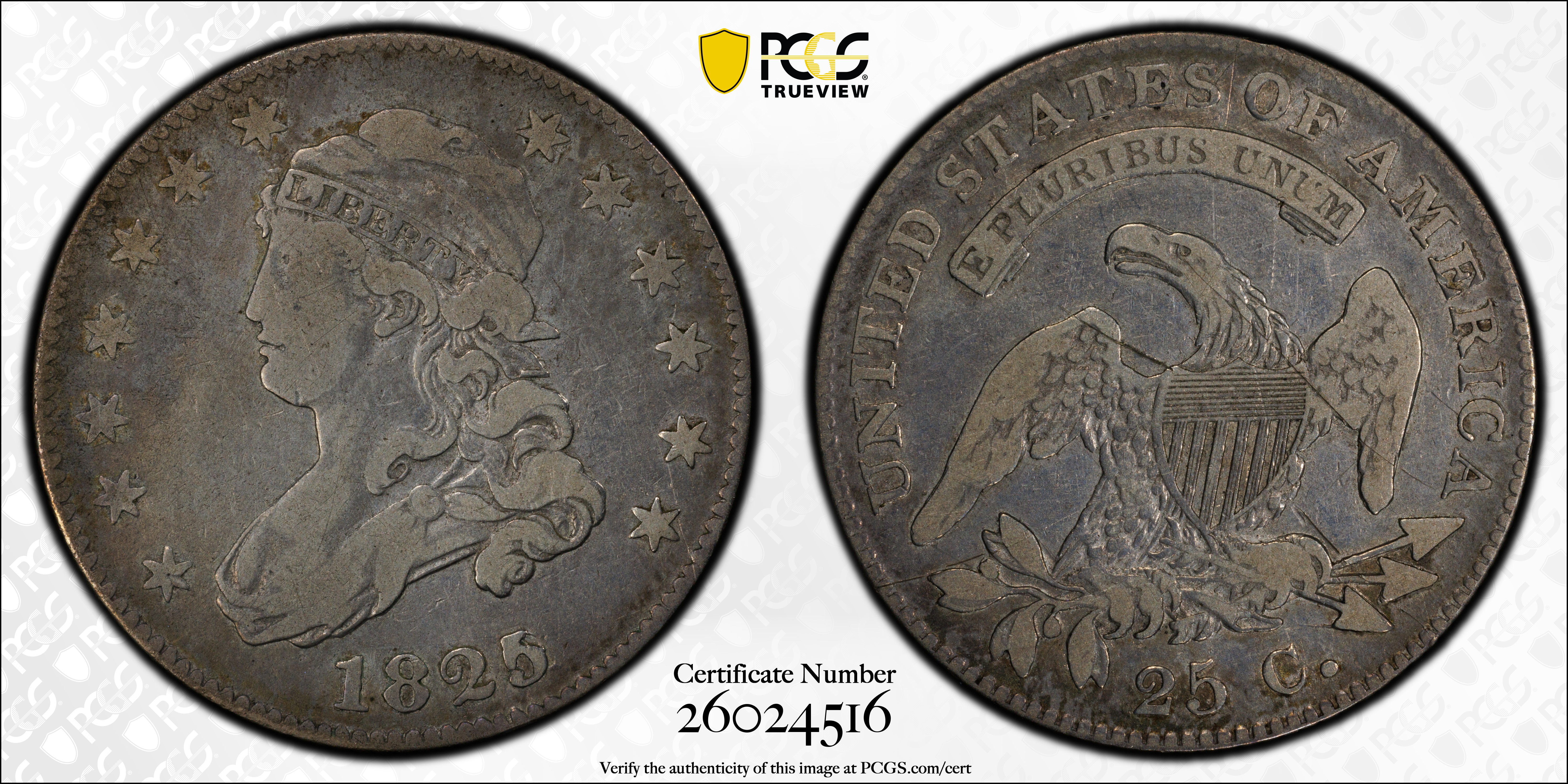 image for: 1825/4/2 Capped Bust Quarter. B-1. Rarity-5. Fine-12 (PCGS).