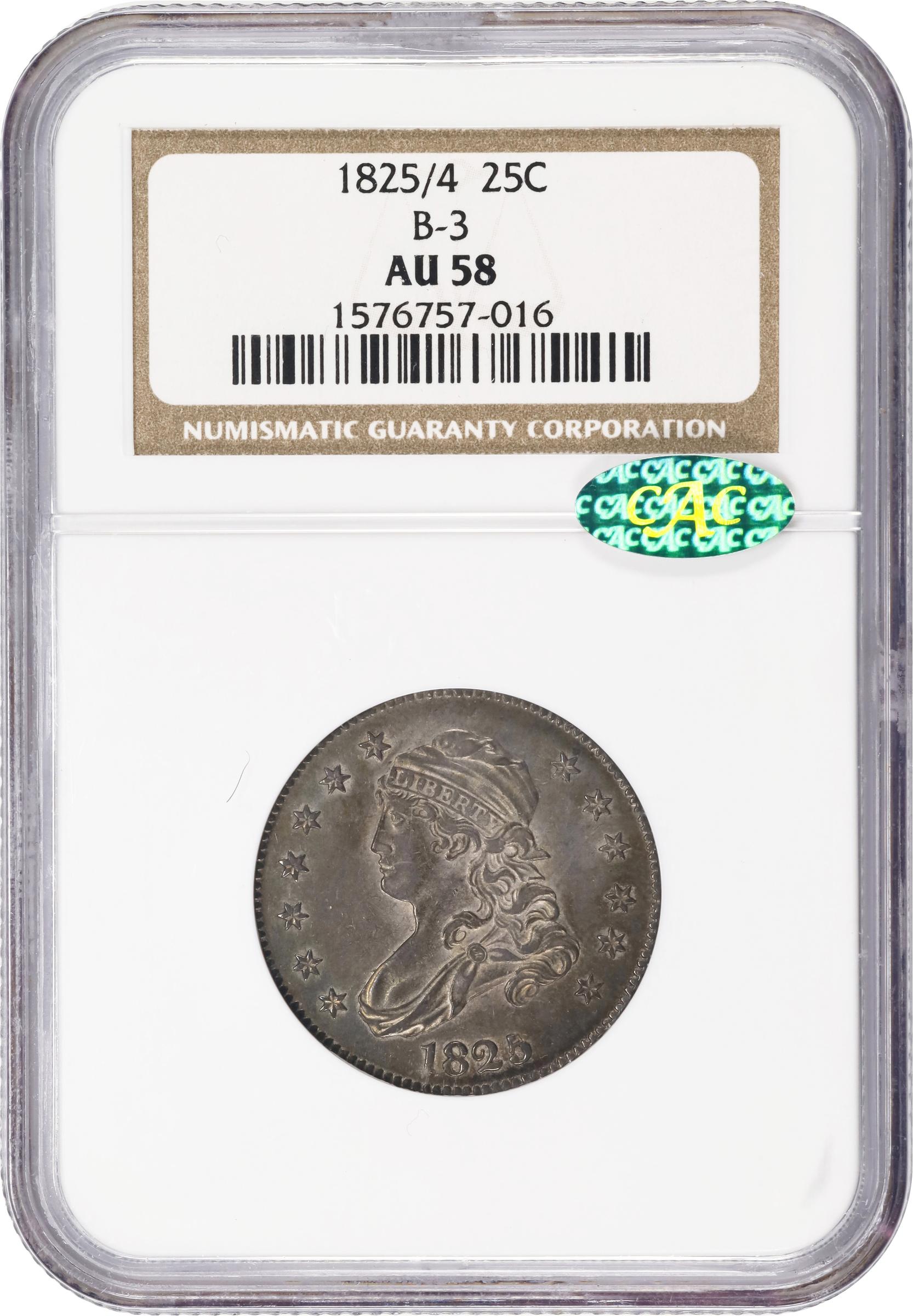 image for: 1825/4/2 Capped Bust Quarter. B-3. Rarity-3. AU-58 (NGC). CAC.