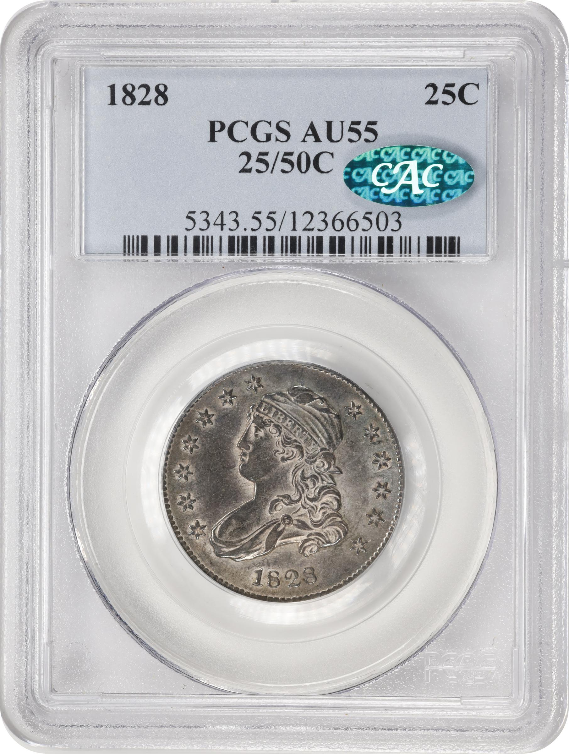 image for: 1828 Capped Bust Quarter. B-3. Rarity-4+. 25/50 C. AU-55 (PCGS). CAC.