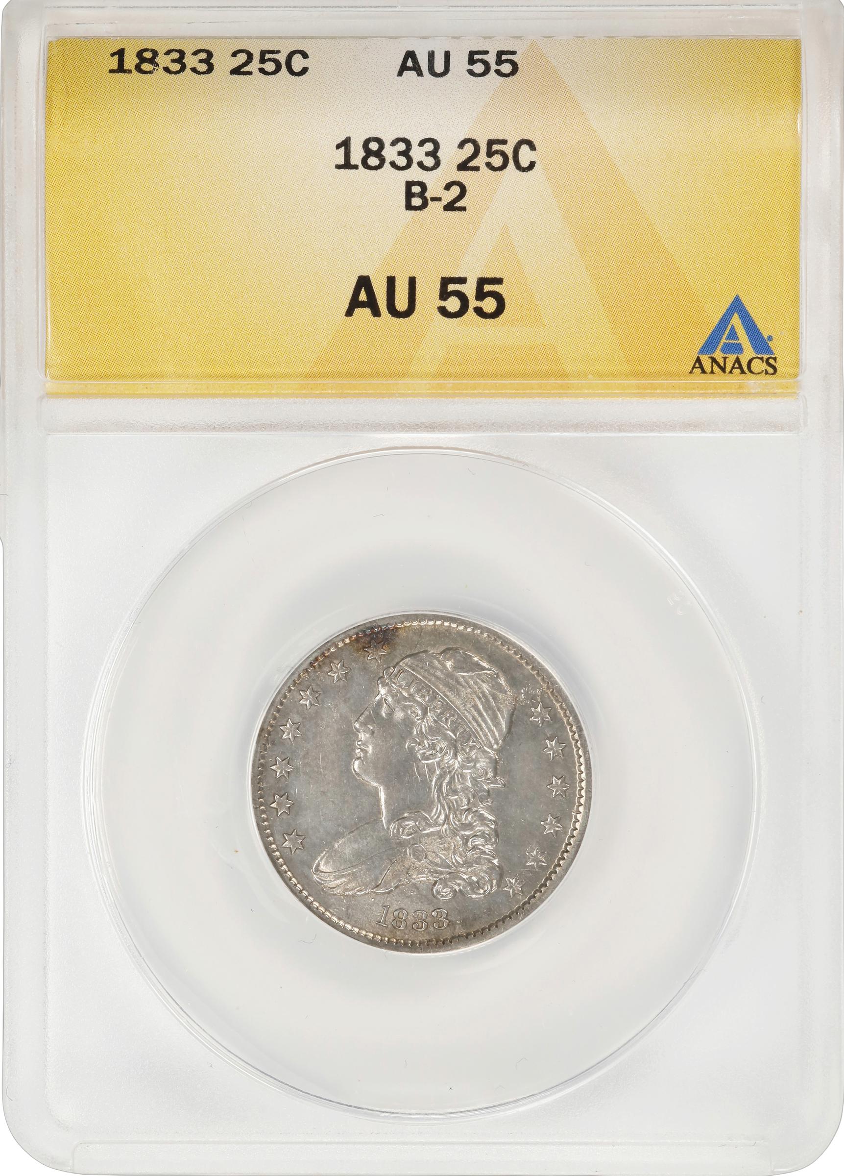 image for: 1833 Capped Bust Quarter. B-2, FS-901. Rarity-2. O/F in OF. AU-55 (ANACS).