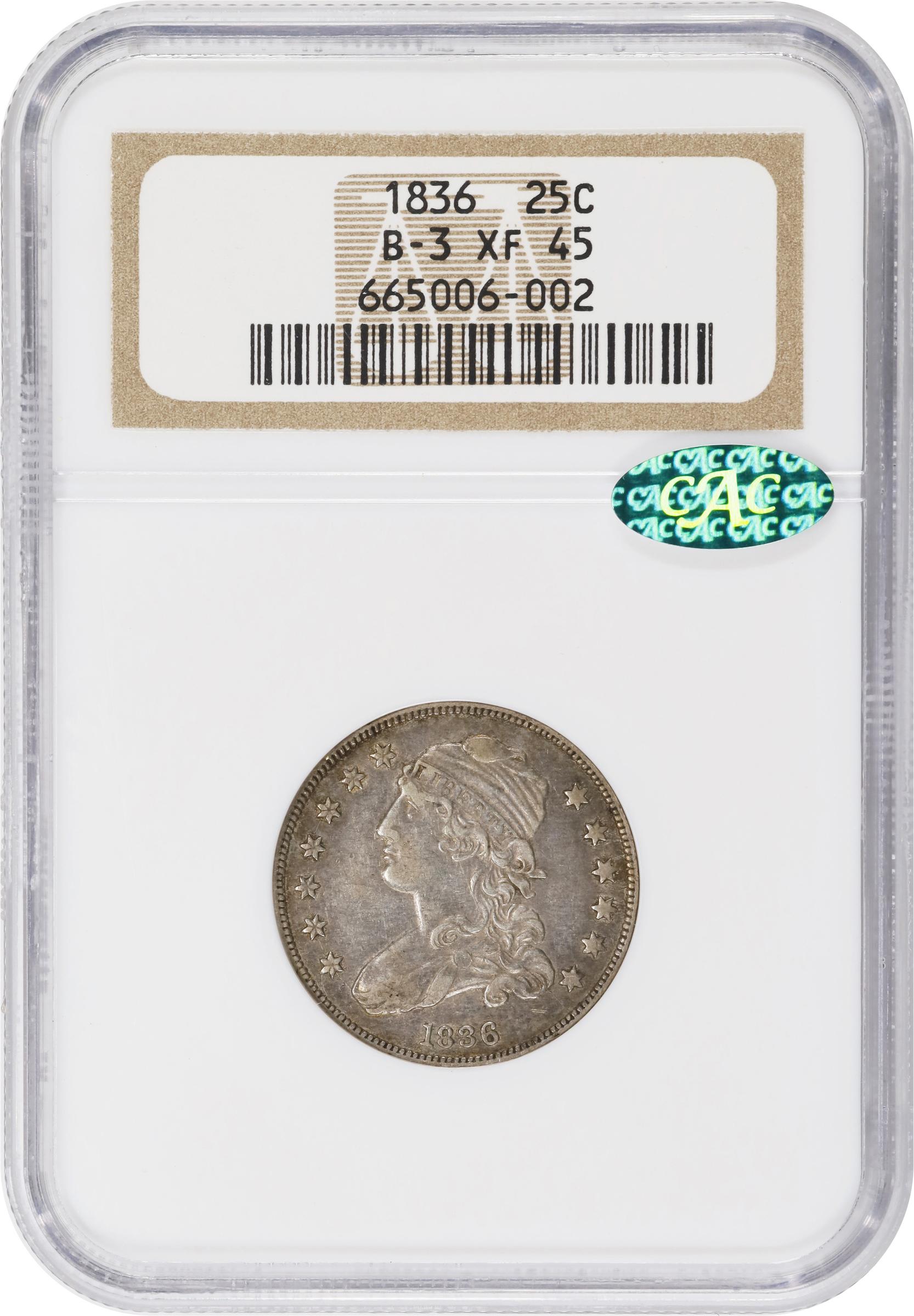 image for: 1836 Capped Bust Quarter. B-3. Rarity-1. EF-45 (NGC). CAC.