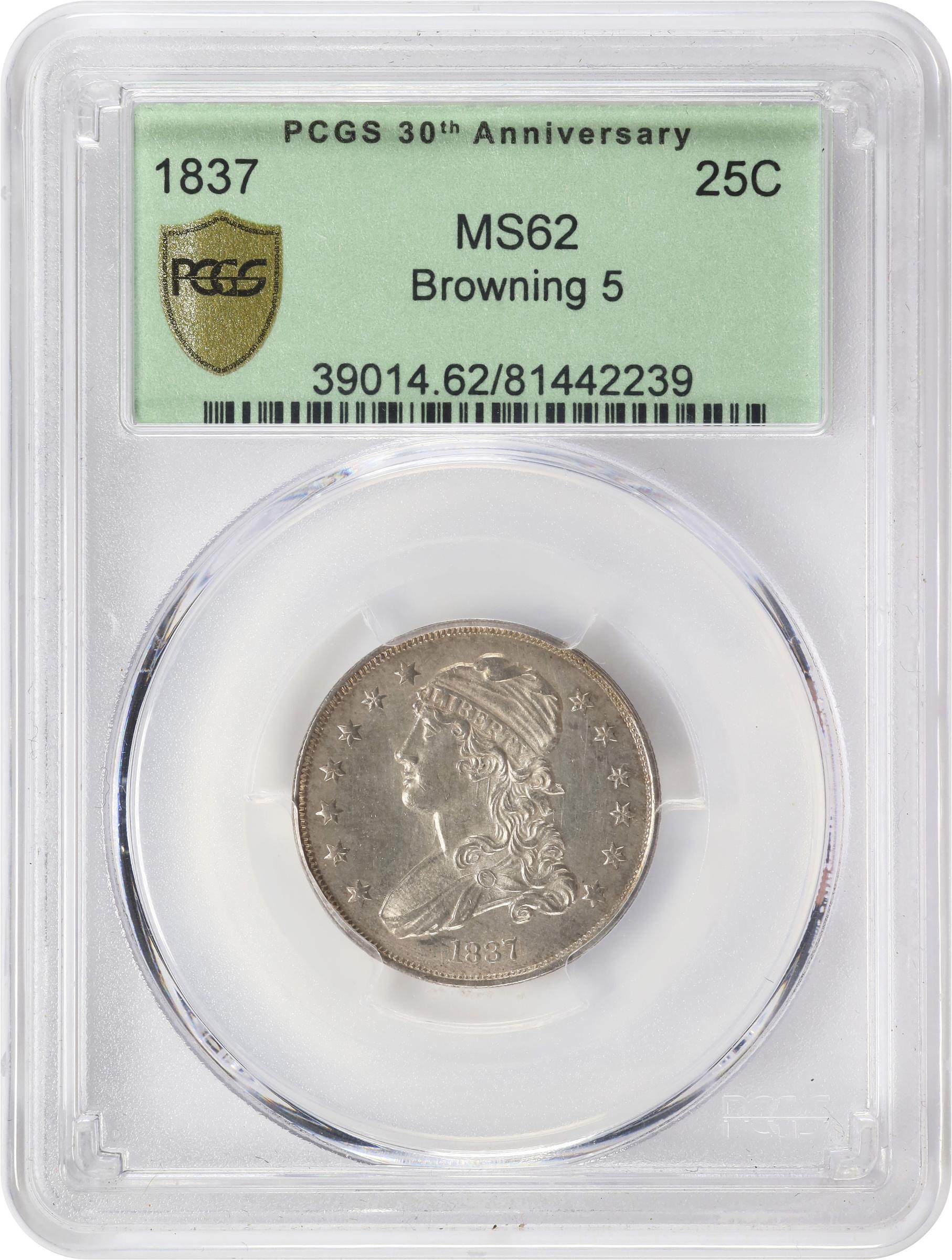 image for: 1837 Capped Bust Quarter. B-5. Rarity-5. MS-62 (PCGS). Retro OGH.