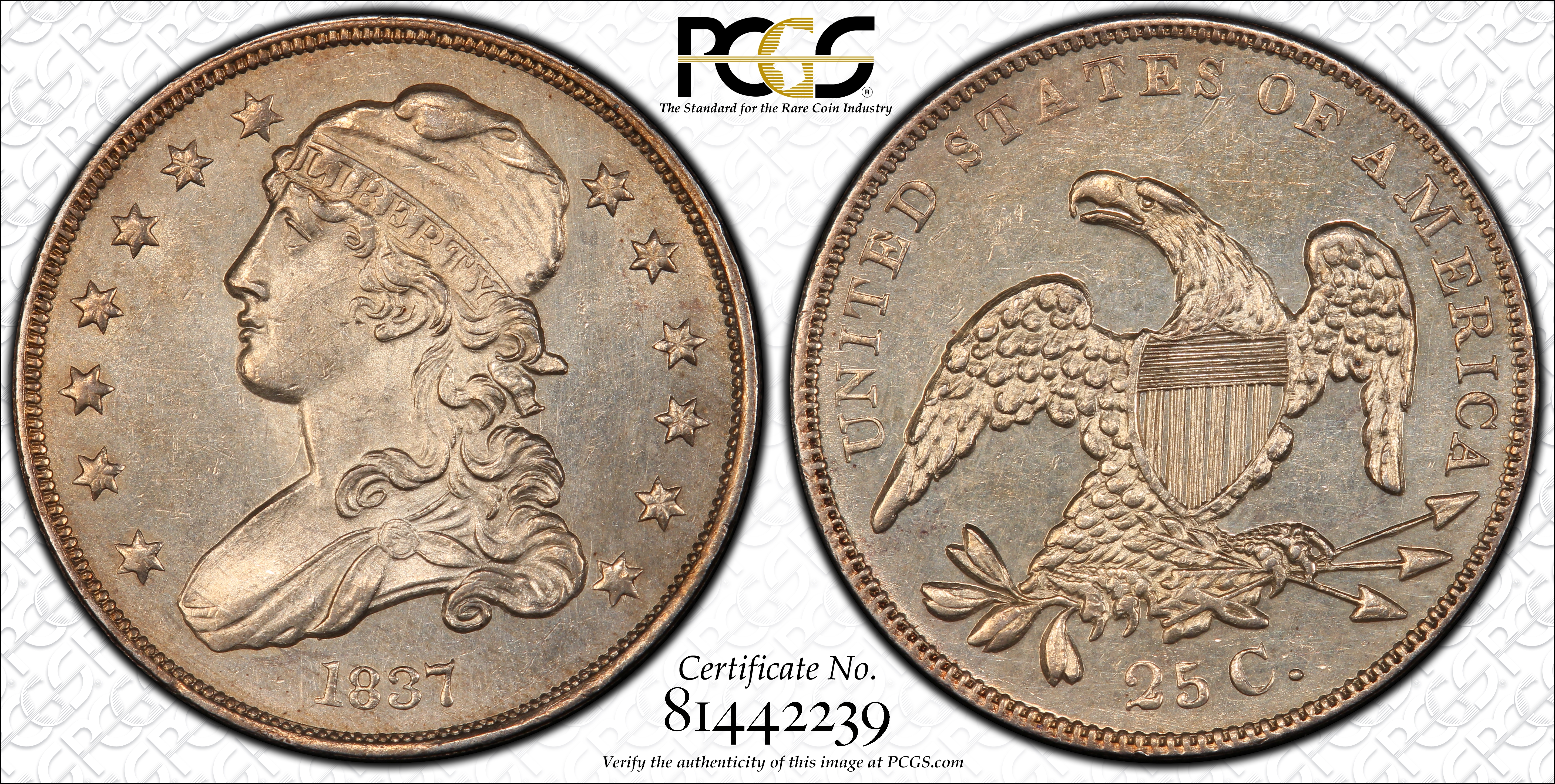 image for: 1837 Capped Bust Quarter. B-5. Rarity-5. MS-62 (PCGS). Retro OGH.