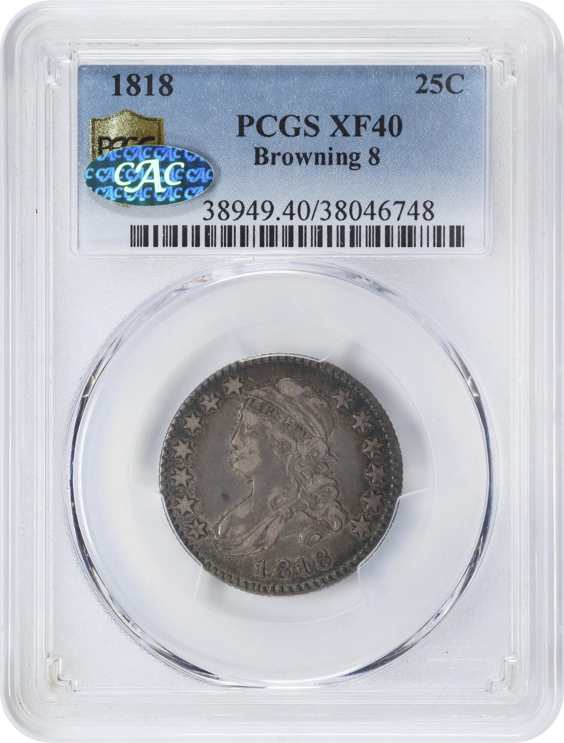 image for: 1818 Capped Bust Quarter. B-8. Rarity-2. EF-40 (PCGS). CAC.