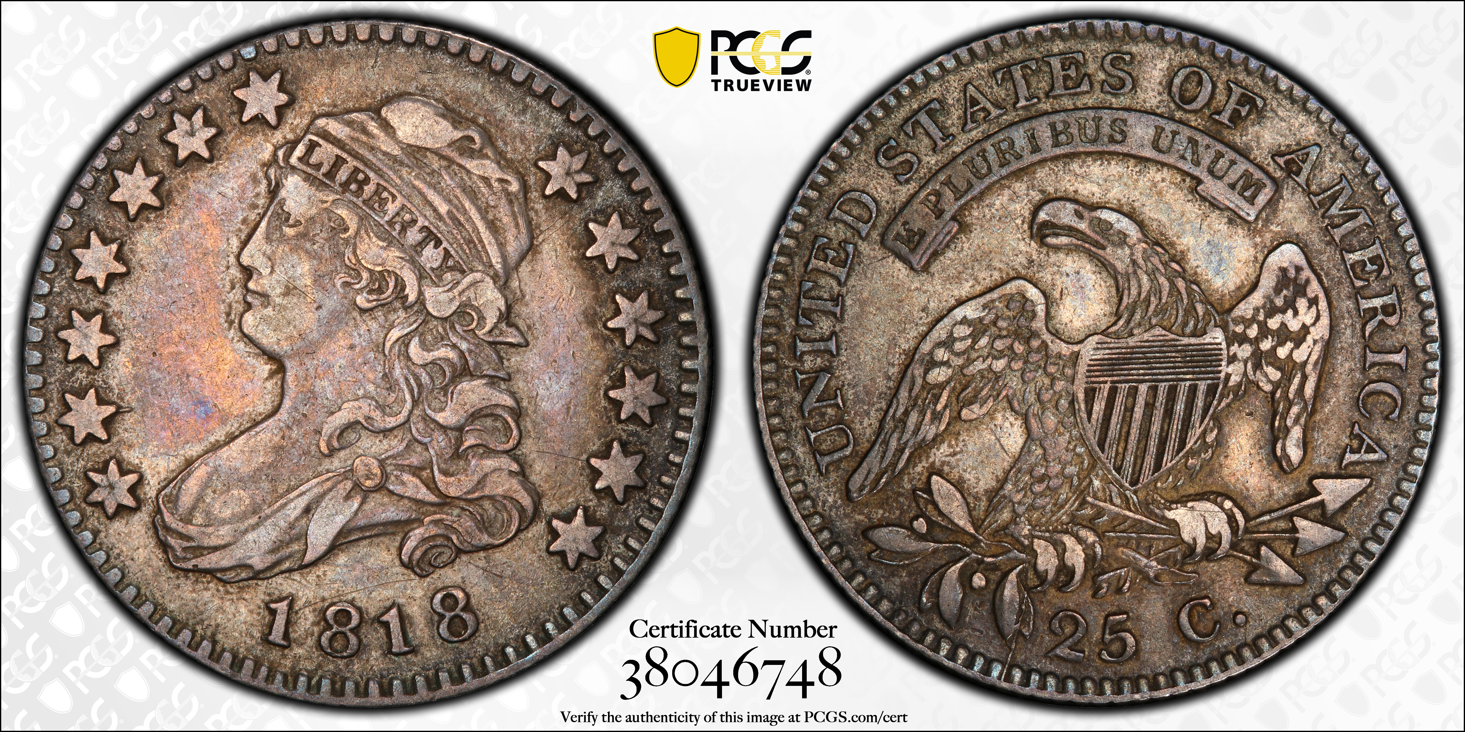 image for: 1818 Capped Bust Quarter. B-8. Rarity-2. EF-40 (PCGS). CAC.