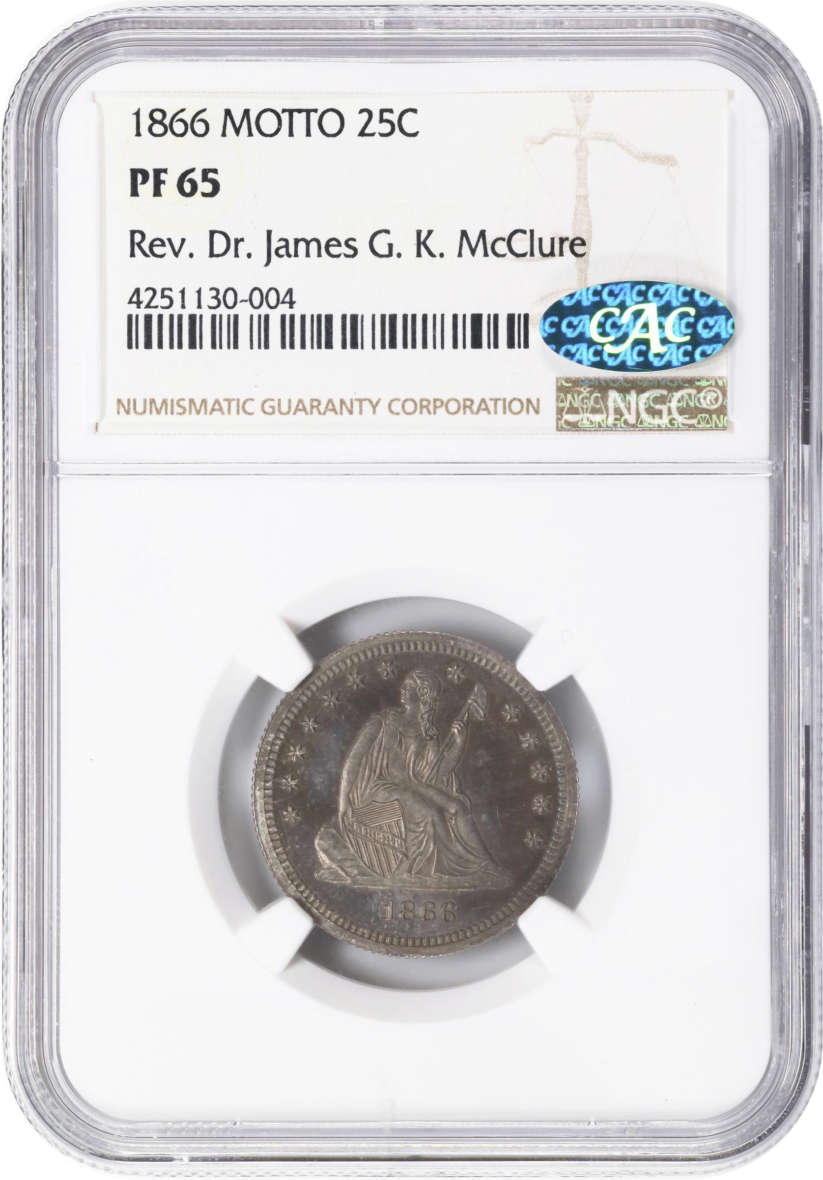 image for: 1866 Liberty Seated Quarter. Motto. Proof-65 (NGC). CAC.