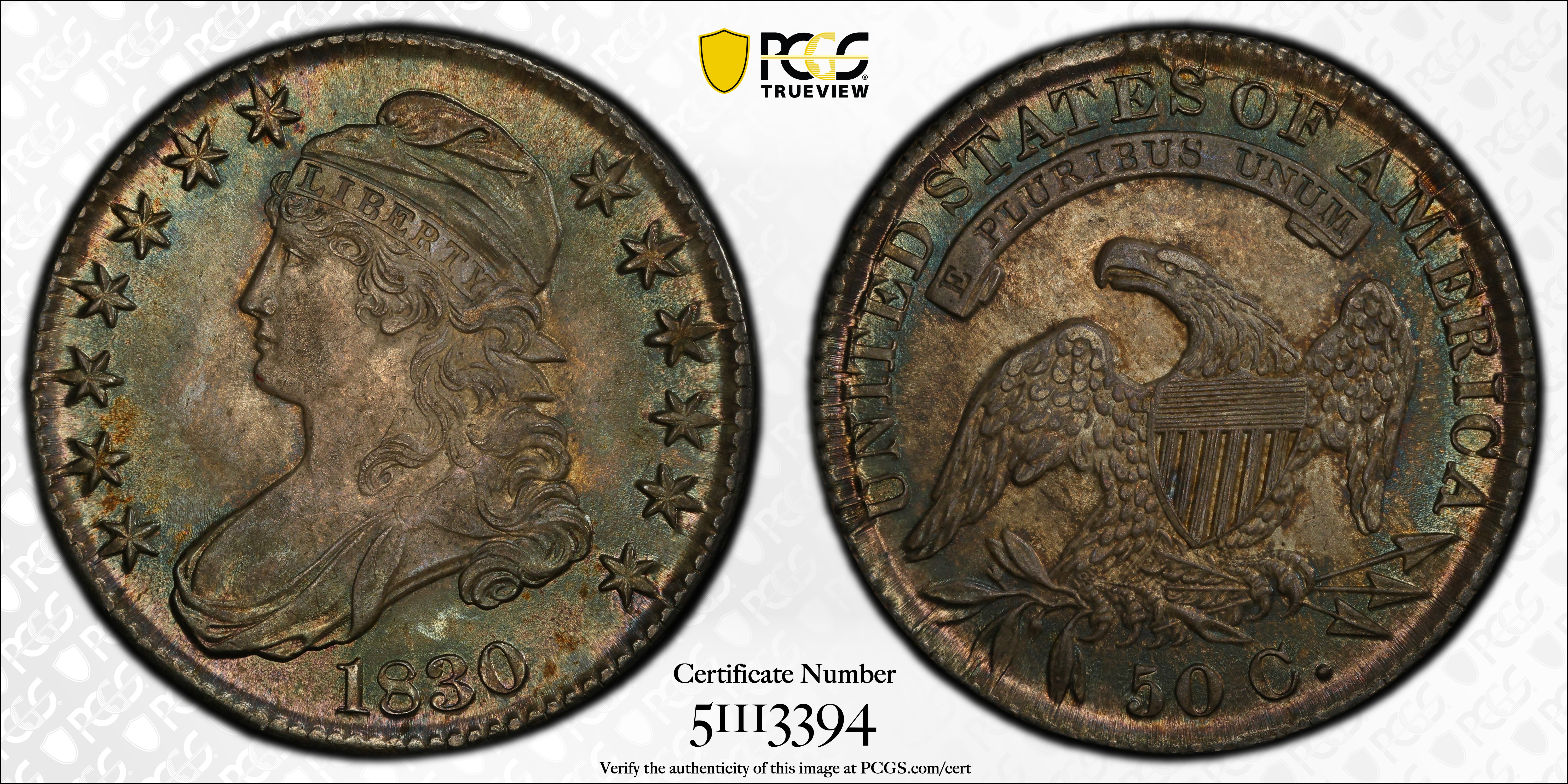 image for: 1830 Capped Bust Half Dollar. O-113. Rarity-1. Small 0. MS-65 (PCGS).