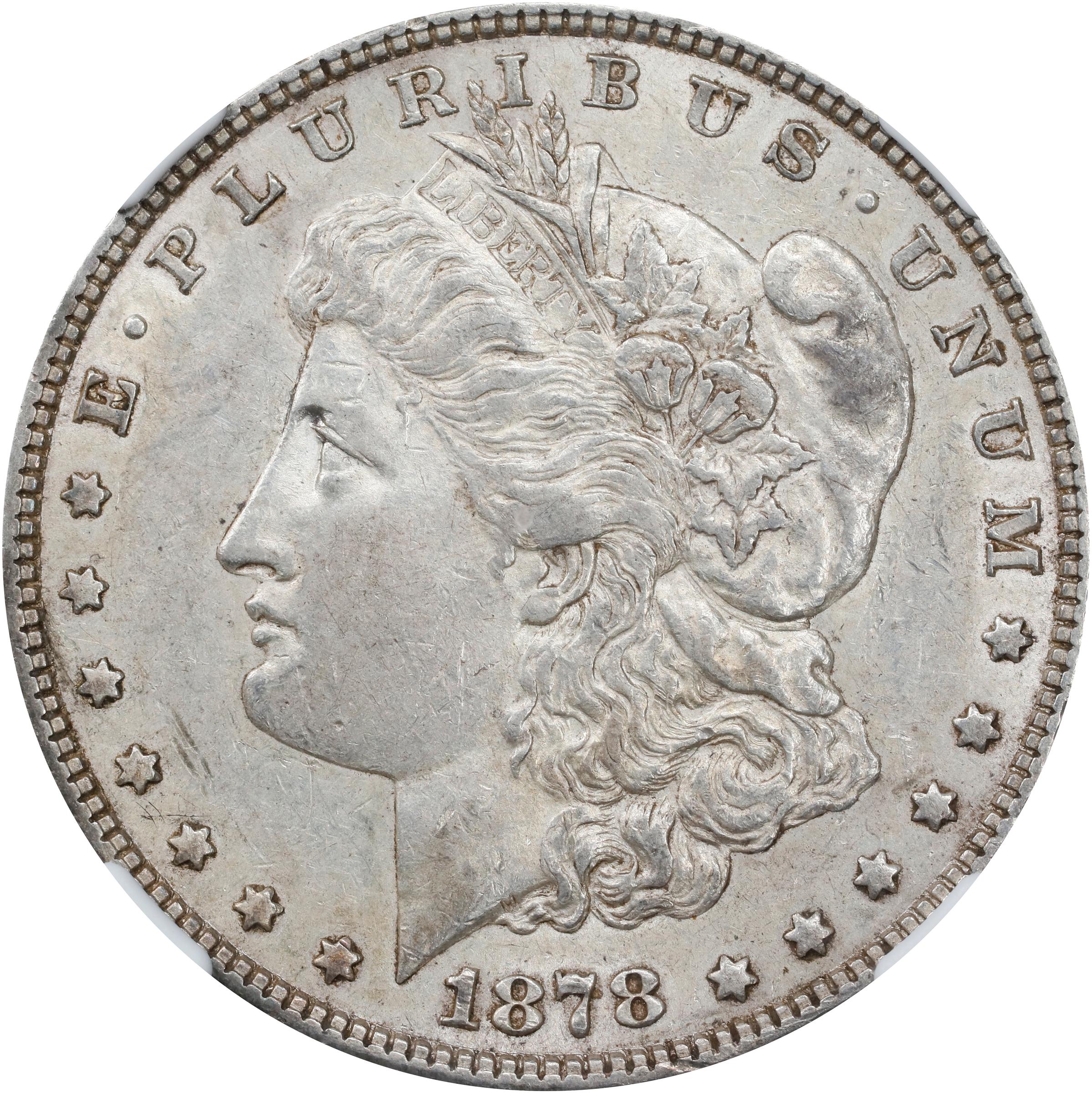 image for: 1878 Morgan Silver Dollar. 7 Tailfeathers. Reverse of 1878. VAM-123, Hit List 40. Spiked Eye. AU-53 (NGC).