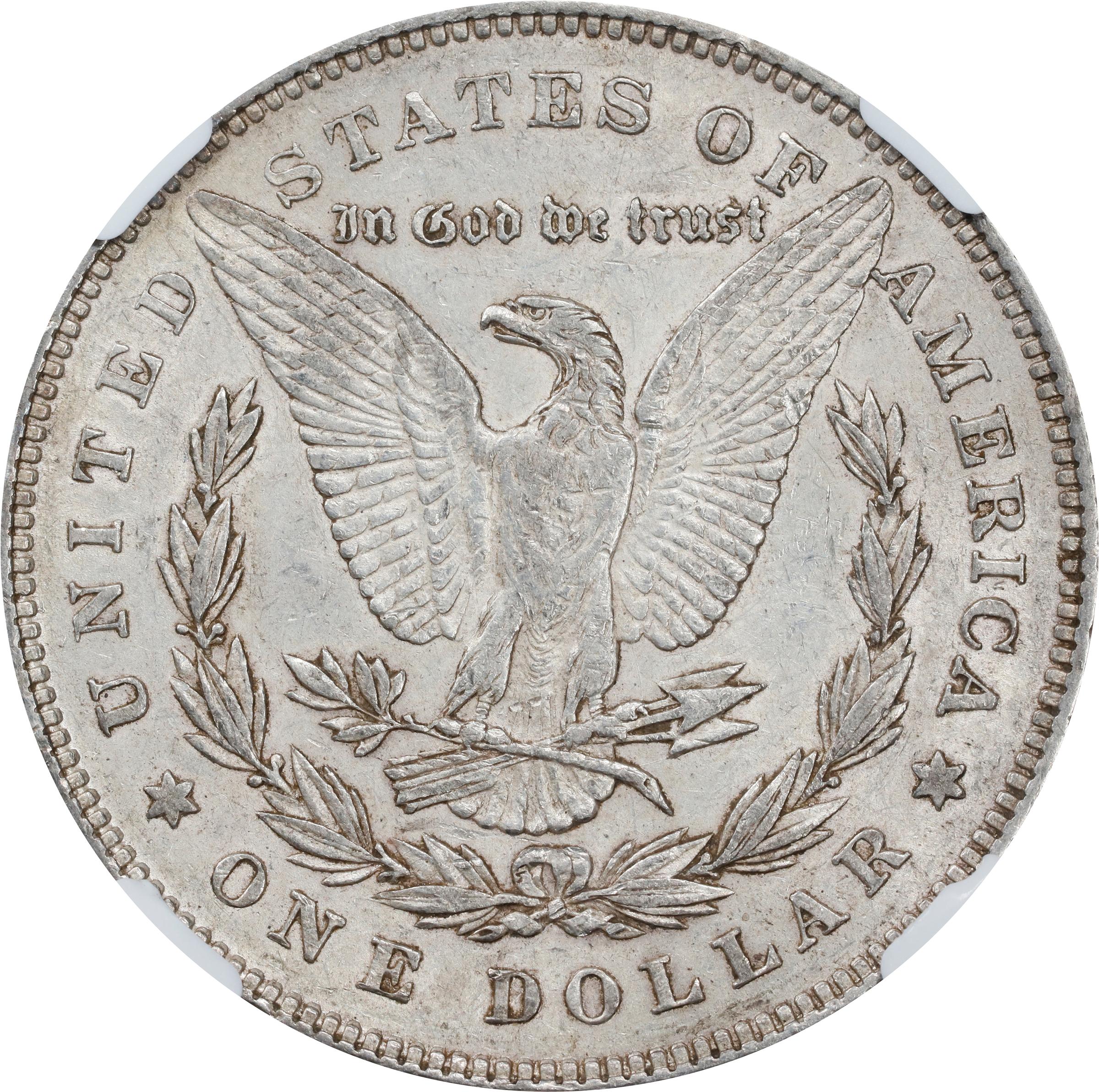 image for: 1878 Morgan Silver Dollar. 7 Tailfeathers. Reverse of 1878. VAM-123, Hit List 40. Spiked Eye. AU-53 (NGC).