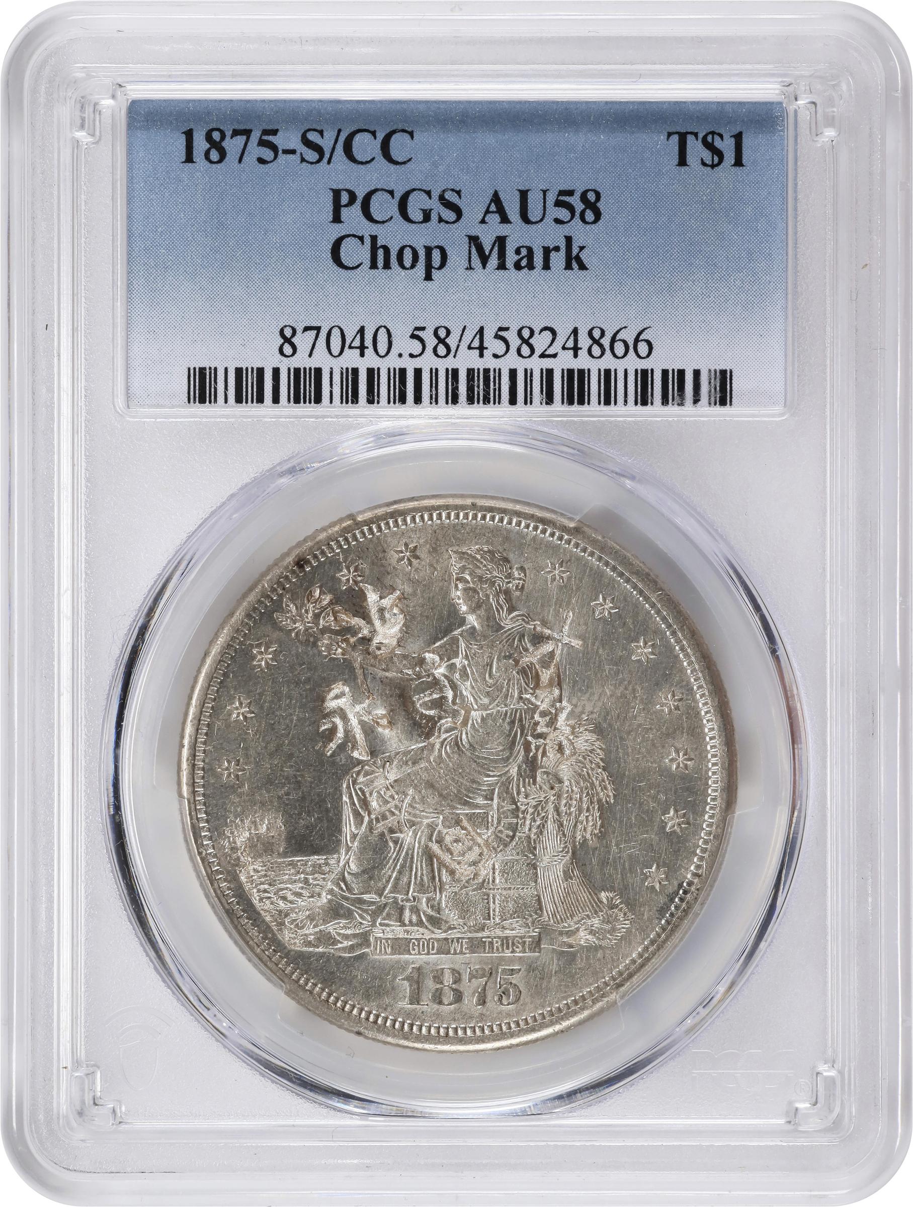 image for: 1875-S/CC Trade Dollar. Type I/I. FS-501. Chop Mark. AU-58 (PCGS).