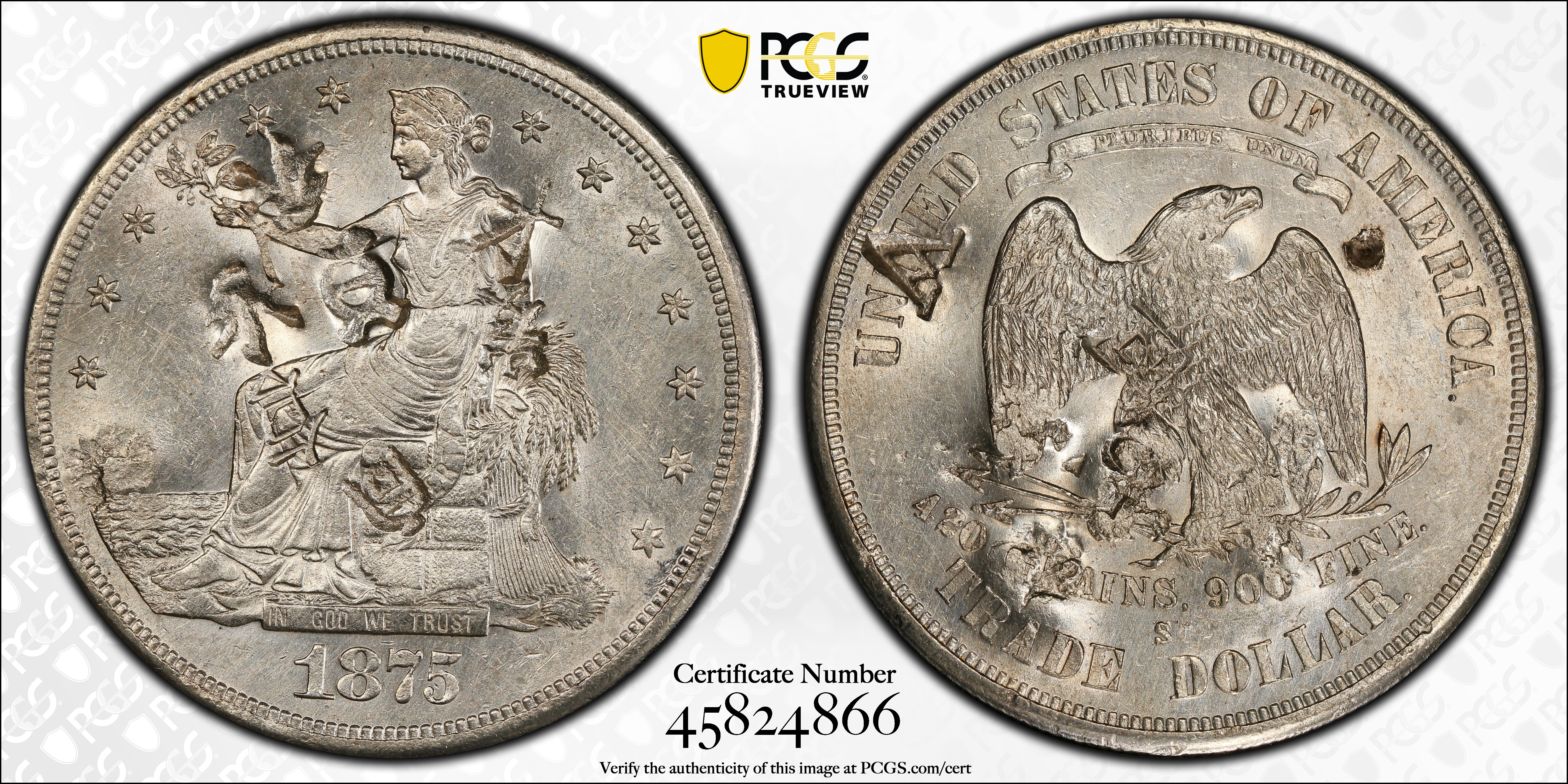 image for: 1875-S/CC Trade Dollar. Type I/I. FS-501. Chop Mark. AU-58 (PCGS).