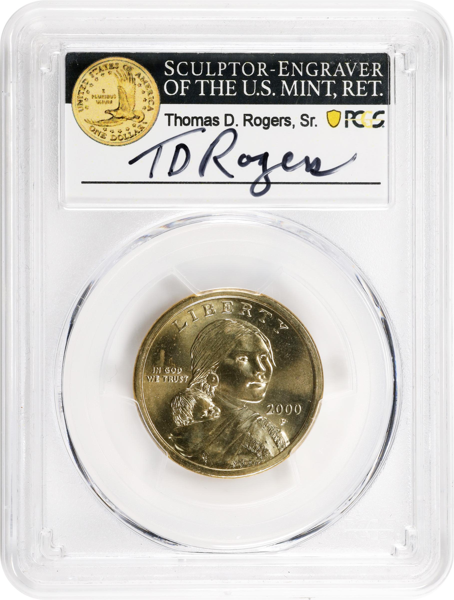 image for: 2000-P Sacagawea "Cheerios" Dollar. FS-902. Boldly Detailed Tail Feathers. MS-67 (PCGS). Sculptor-Engraver of the U.S. Mint, Ret. Thomas D. Rogers, Sr. Signature.