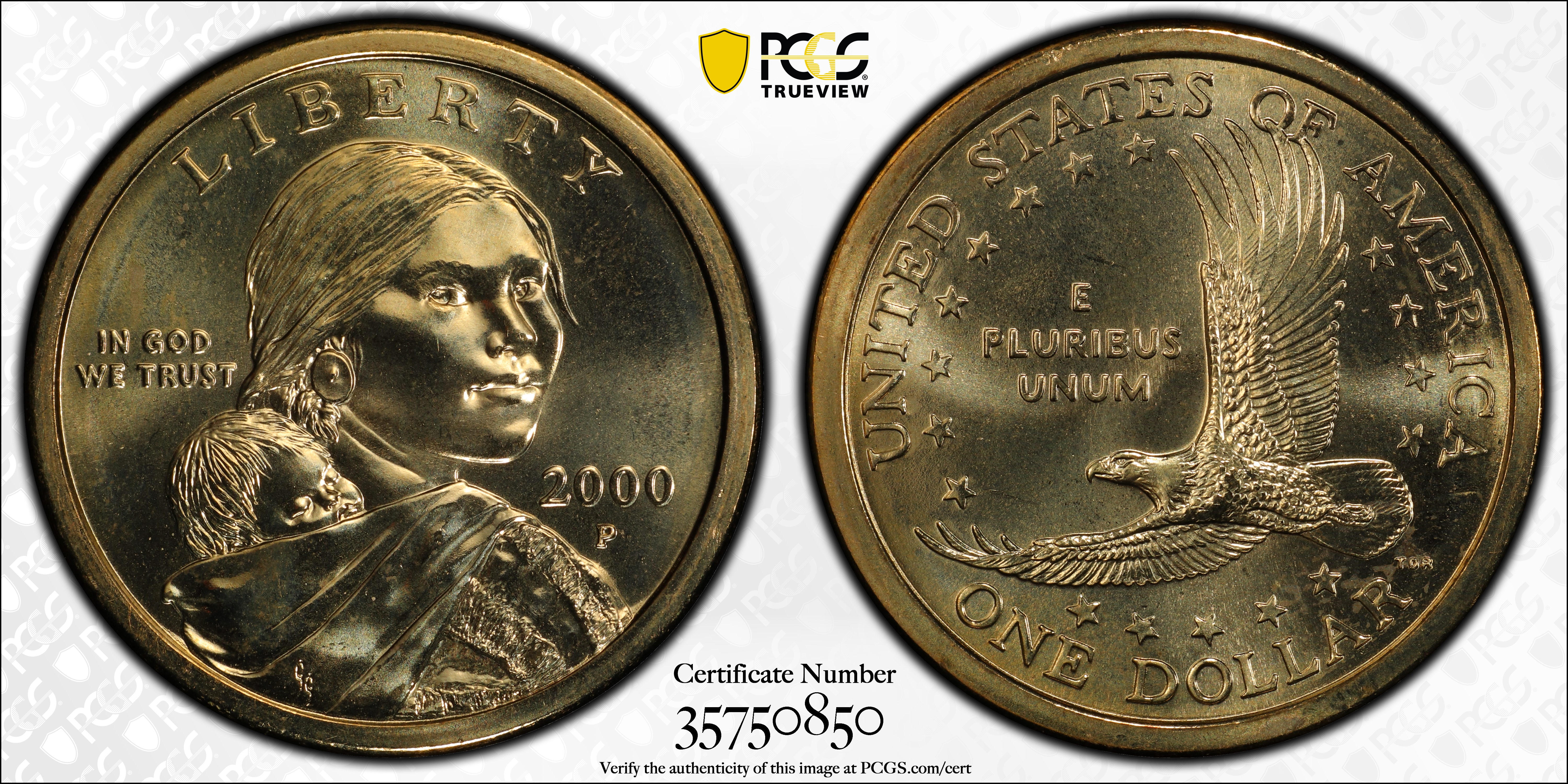 image for: 2000-P Sacagawea "Cheerios" Dollar. FS-902. Boldly Detailed Tail Feathers. MS-67 (PCGS). Sculptor-Engraver of the U.S. Mint, Ret. Thomas D. Rogers, Sr. Signature.