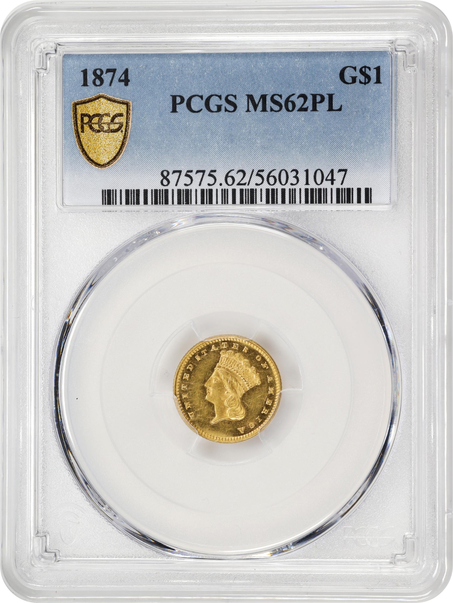 image for: 1874 Gold Dollar. MS-62 PL (PCGS).