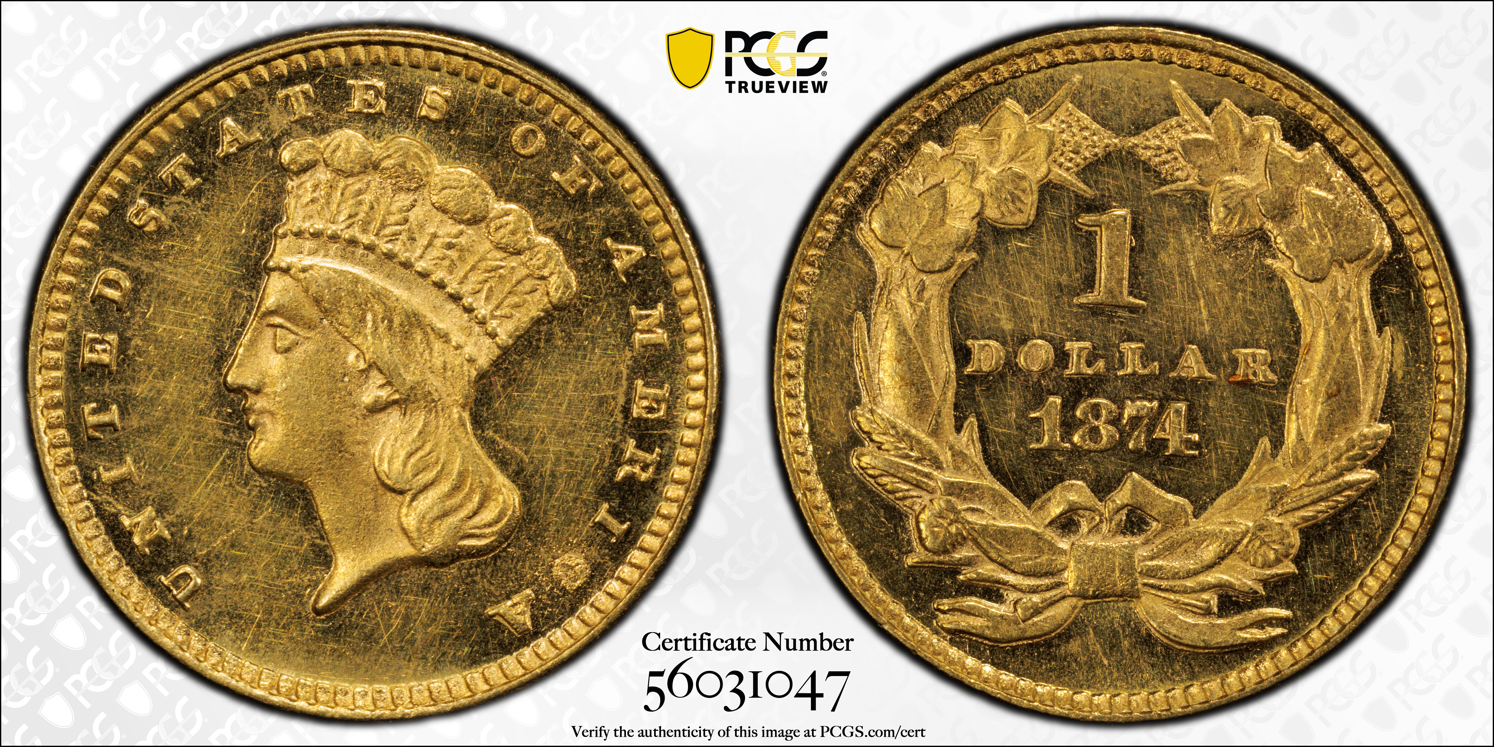 image for: 1874 Gold Dollar. MS-62 PL (PCGS).
